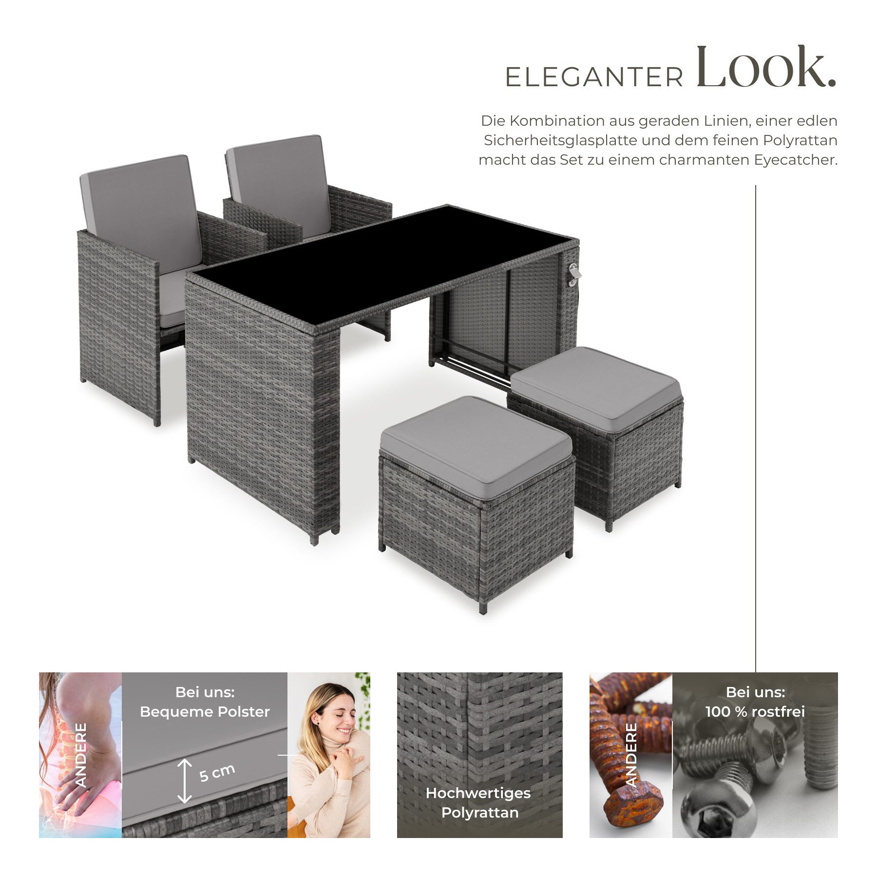 tectake Sitzgruppe Rattan-Gartenlounge für 2 bis 4 Personen, inklusive Flaschenöffner, (Loungeset Palermo, 5-tlg., für Außen in Grau), widerstandsfähig, UV-beständig, mit Sicherheitsglasplatte