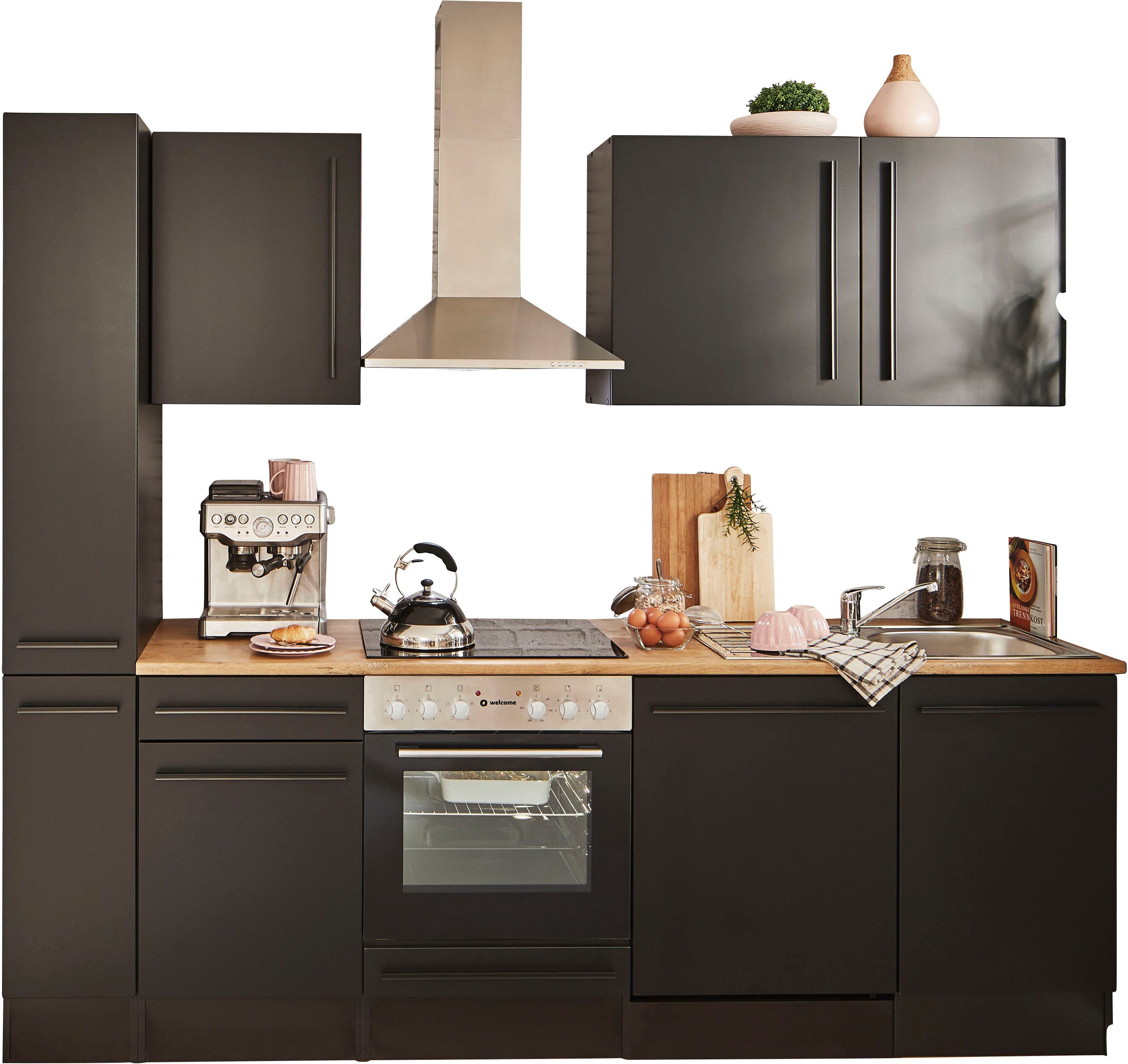 BASIC by Balculina Küchenzeile schwarz MDF mit Breite matt eiche schwarz/schwarz-lanzelot 250 Jazz, E-Geräten wahlweise cm, 