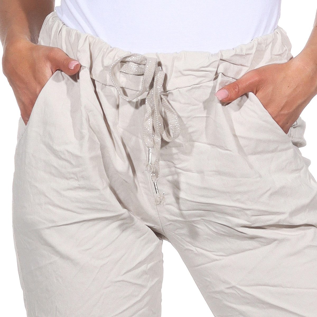 OriginalYou Schlupfhose Sommerhose Damen Chinohose leichte Schlupfhose moderner Knitterlook, elastischer Bund mit Kordelzug