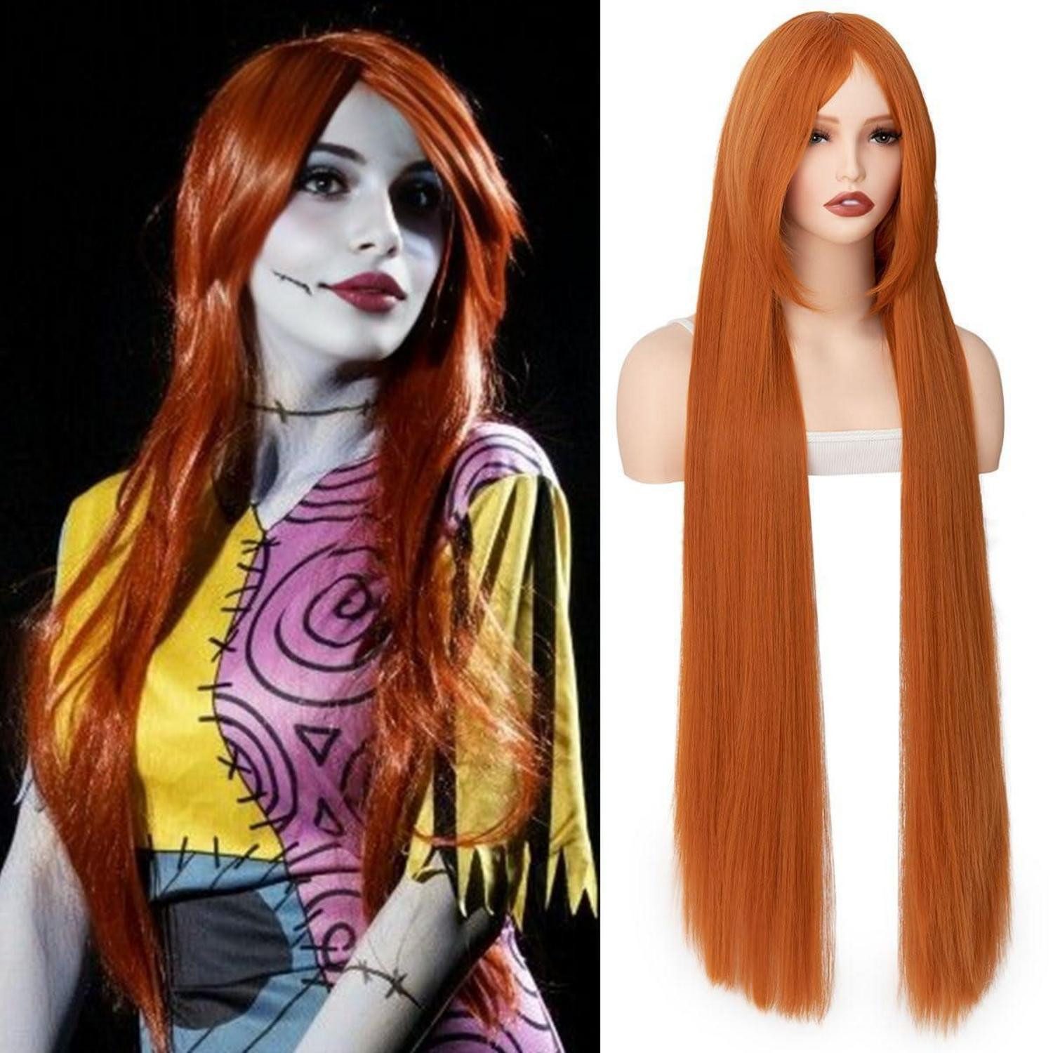 Kostüm-Perücke Perücke Damen orange Pony 100cm lockig Cosplay Halloween 2-2 #Orange