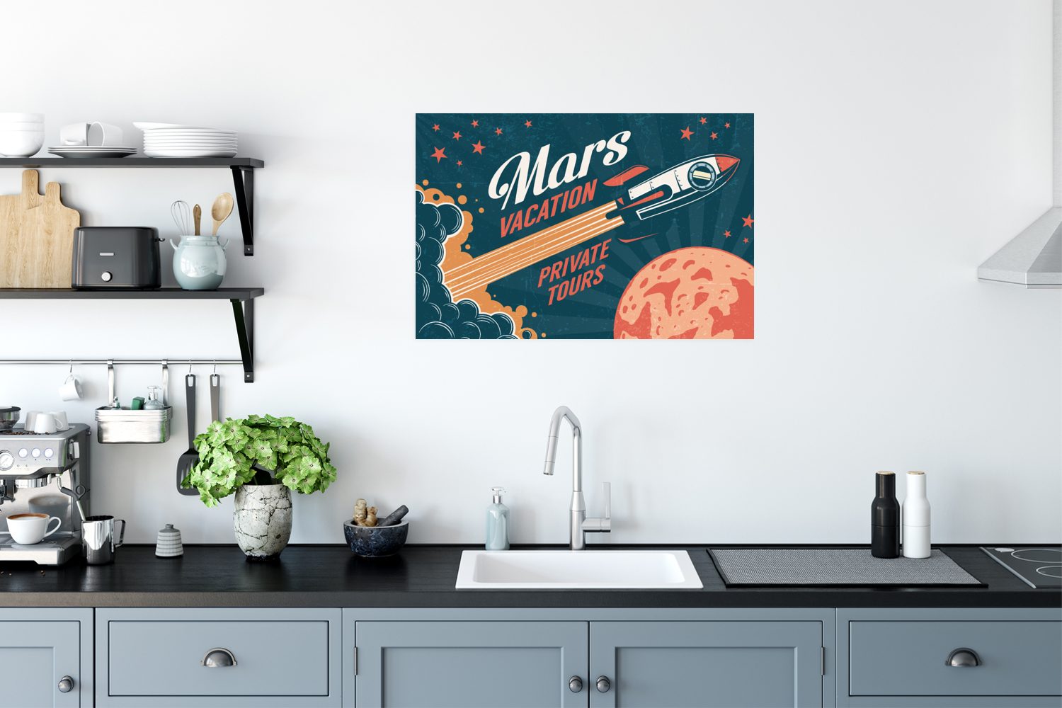 Raumfahrt, Poster MuchoWow Mars-Urlaub Wohnzimmer, - Vintage Ohne Wandposter - - - Rahmen private Rakete (1 St), für Poster, Urlaub Touren Wandbild,