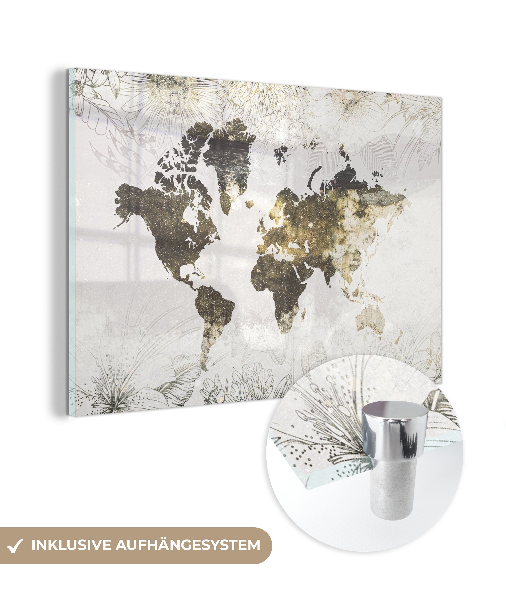 auf Weltkarte - Foto Blumen Glas Bilder St), Wandbild - (1 Gold, - Acrylglasbild MuchoWow - Wanddekoration - auf Glas Glasbilder