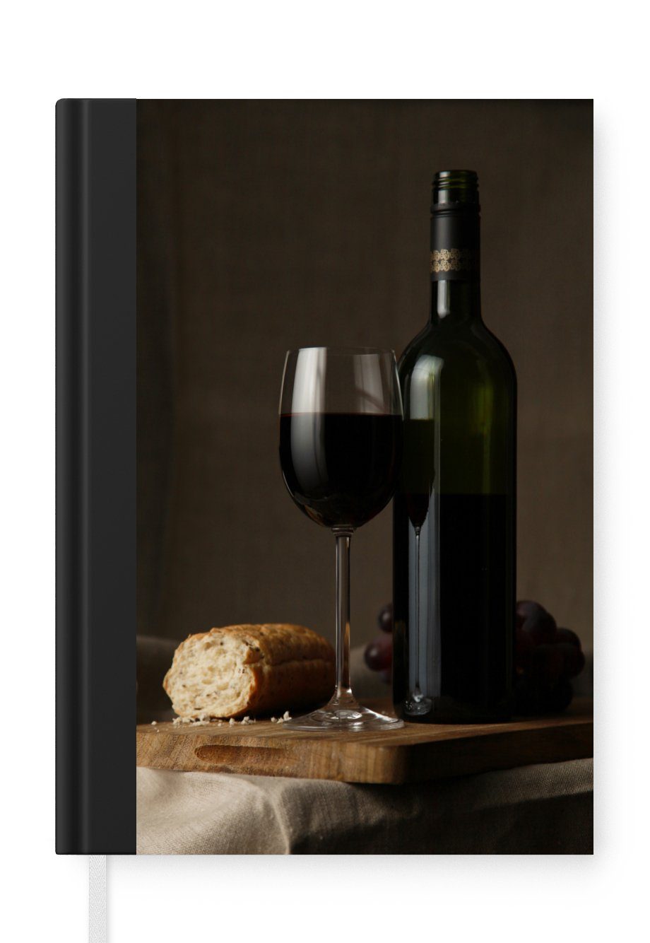 MuchoWow Notizbuch Rotwein und Brot auf einem Tisch, Journal, Merkzettel, Tagebuch, Notizheft, A5, 98 Seiten, Haushaltsbuch