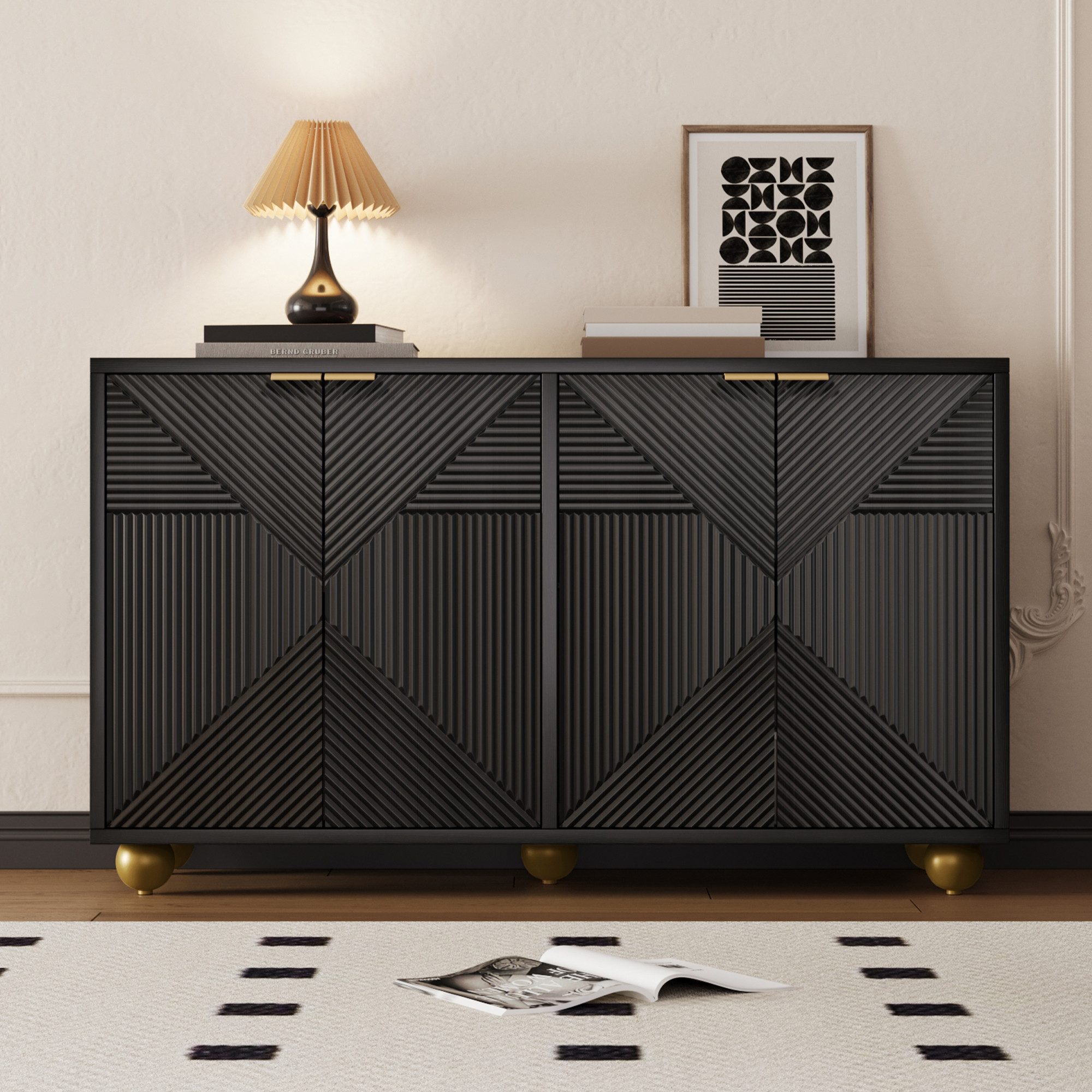 Celya Sideboard mit vier Türen und verstellbaren Innenböden (Metallgriffen und kugelförmigen Beinen), Viel Stauraum, Besonderer Licht- und Schatteneffekt