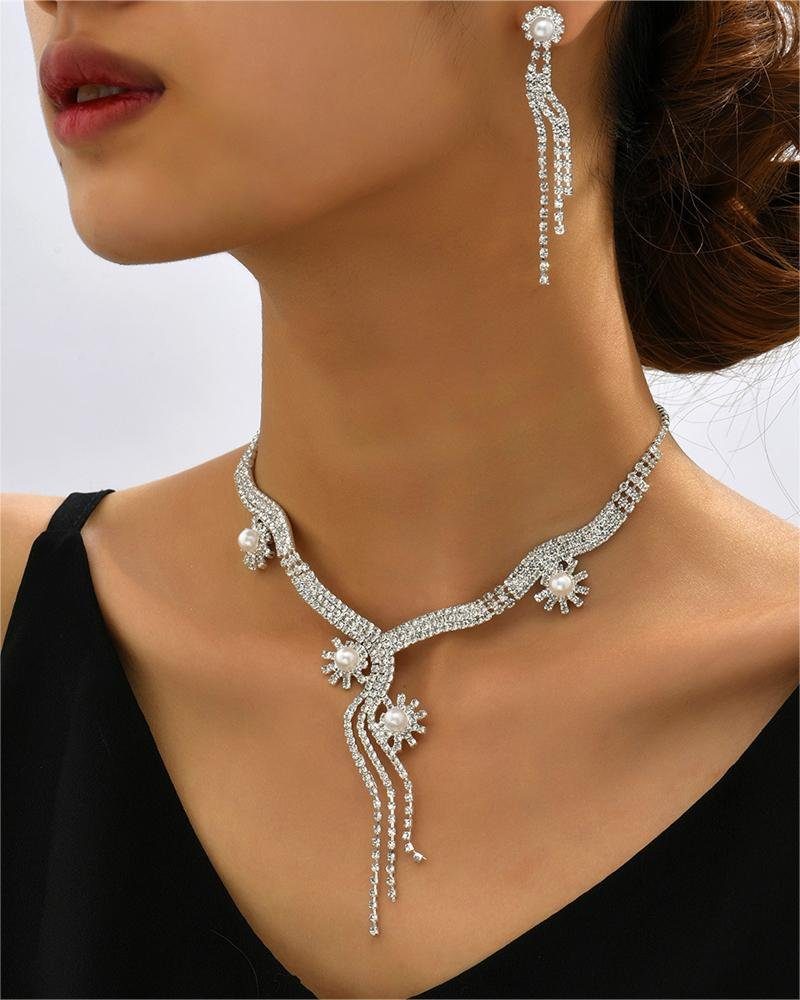 Hochzeit Choker-Set Halskette, Set Zirkonia Ohrringe Prom Mode Halskette Perle Rouemi