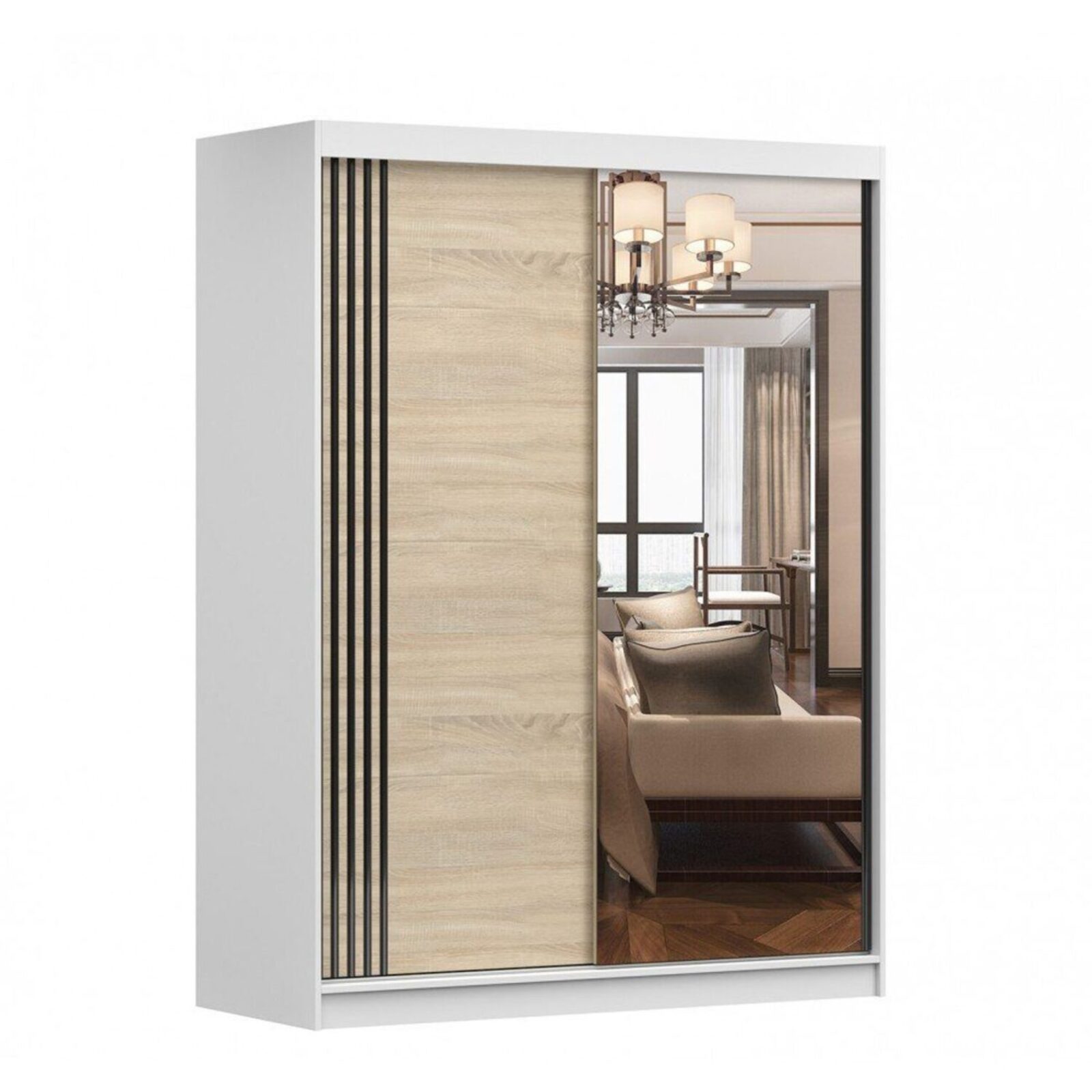 MOEBLO Kleiderschrank LARA 07 (mit Spiegel Schwebetürenschrank 2-türig Schrank mit vielen Einlegeböden und Kleiderstange Garderobe Schiebtüren Schlafzimmer 2-türig Schrank, Schlafzimmer-Wohnzimmerschrank Modern Design Schwebetürenschrank), (BxHxT): 150x200x61 cm