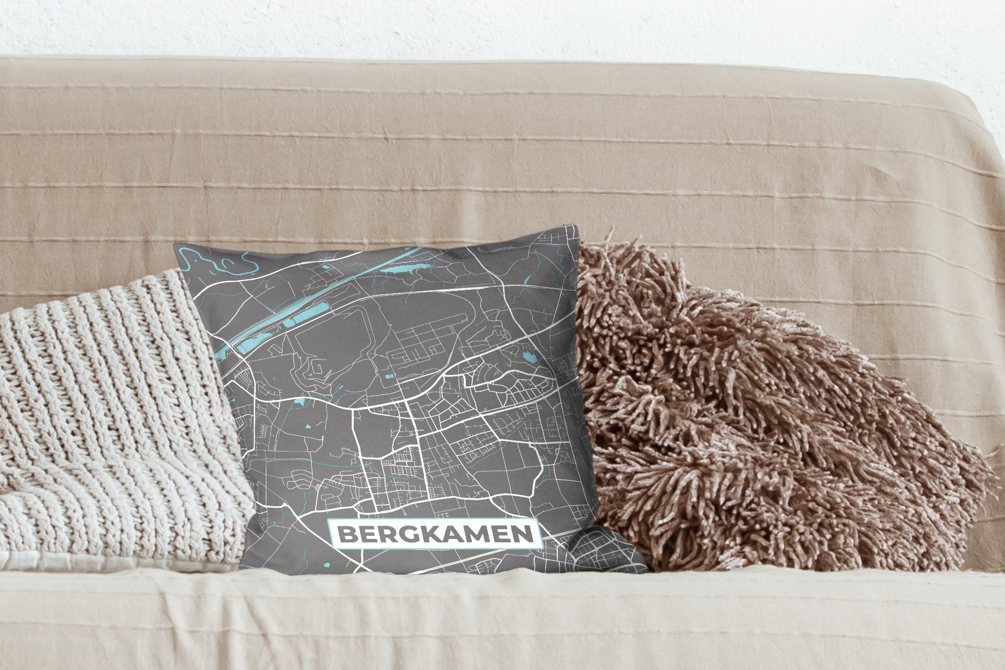 Deko, für Blau, Stadtplan Füllung Karte mit Schlafzimmer, Wohzimmer, - Deutschland Bergkamen - MuchoWow Dekokissen Sofakissen - Zierkissen -