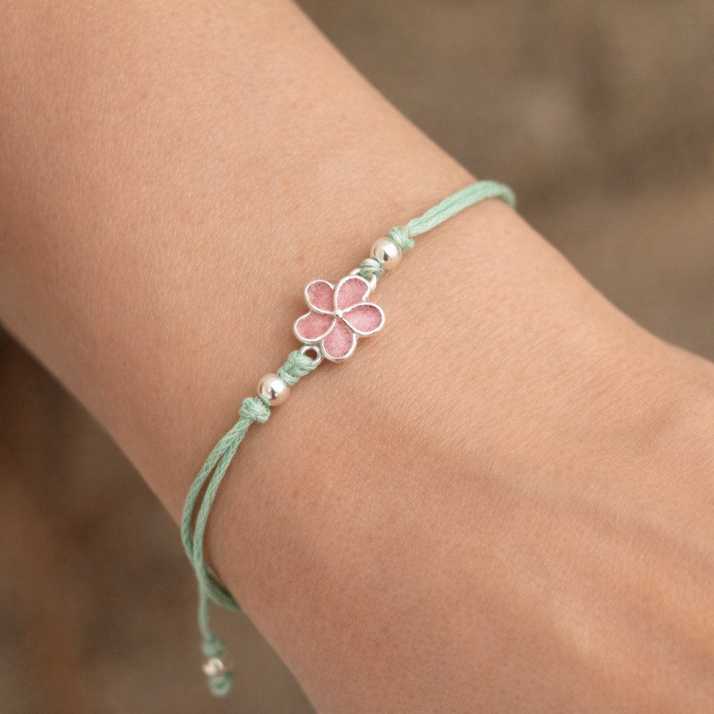 DUR Armband A1991 Plumeria Blüte 925 Silber rosa Steinsand Baumwollband mint