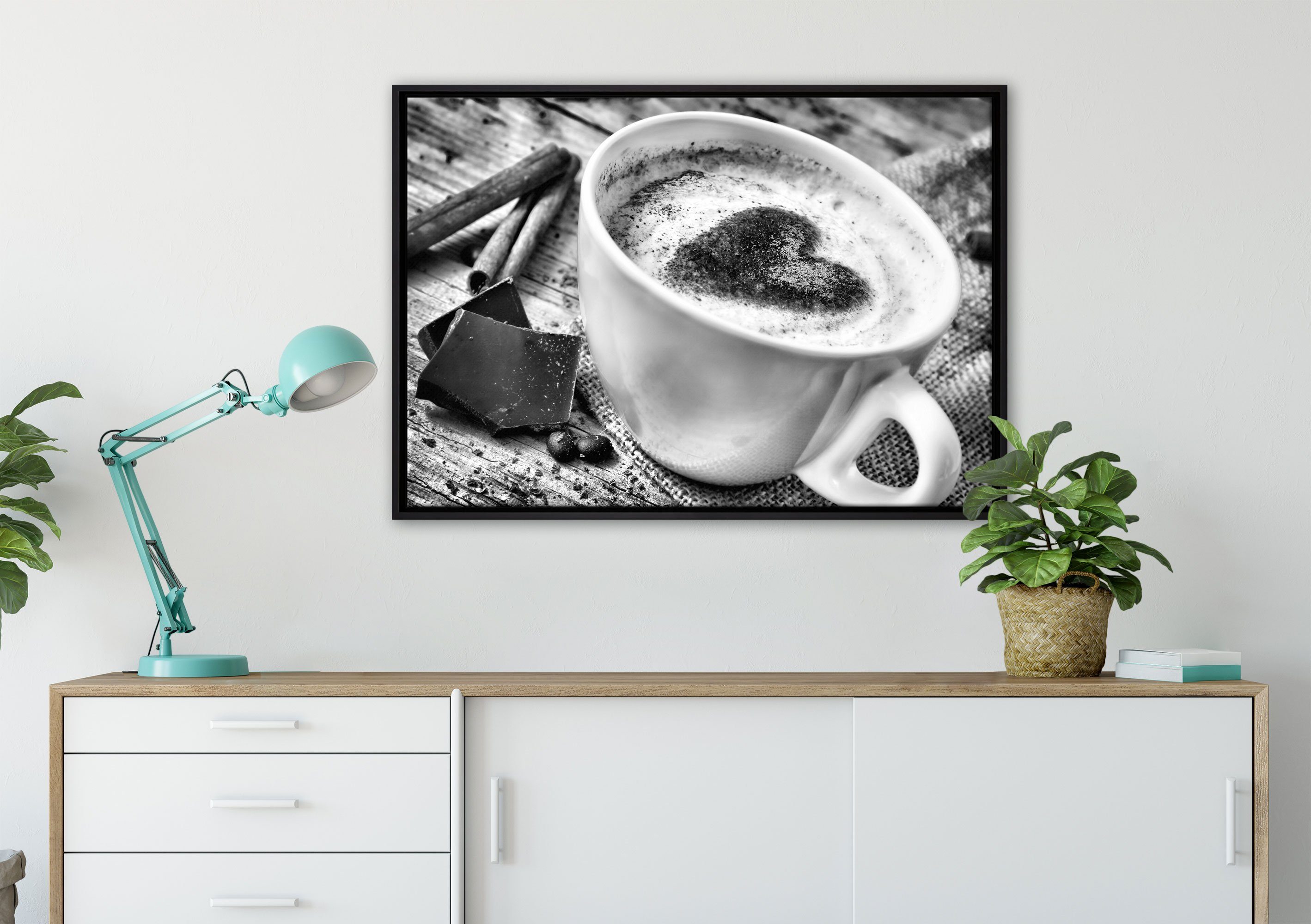 Pixxprint einem bespannt, in (1 Wanddekoration Leinwandbild inkl. Leinwandbild Schattenfugen-Bilderrahmen Kaffeebohnen, St), gefasst, Kaffe fertig Zackenaufhänger