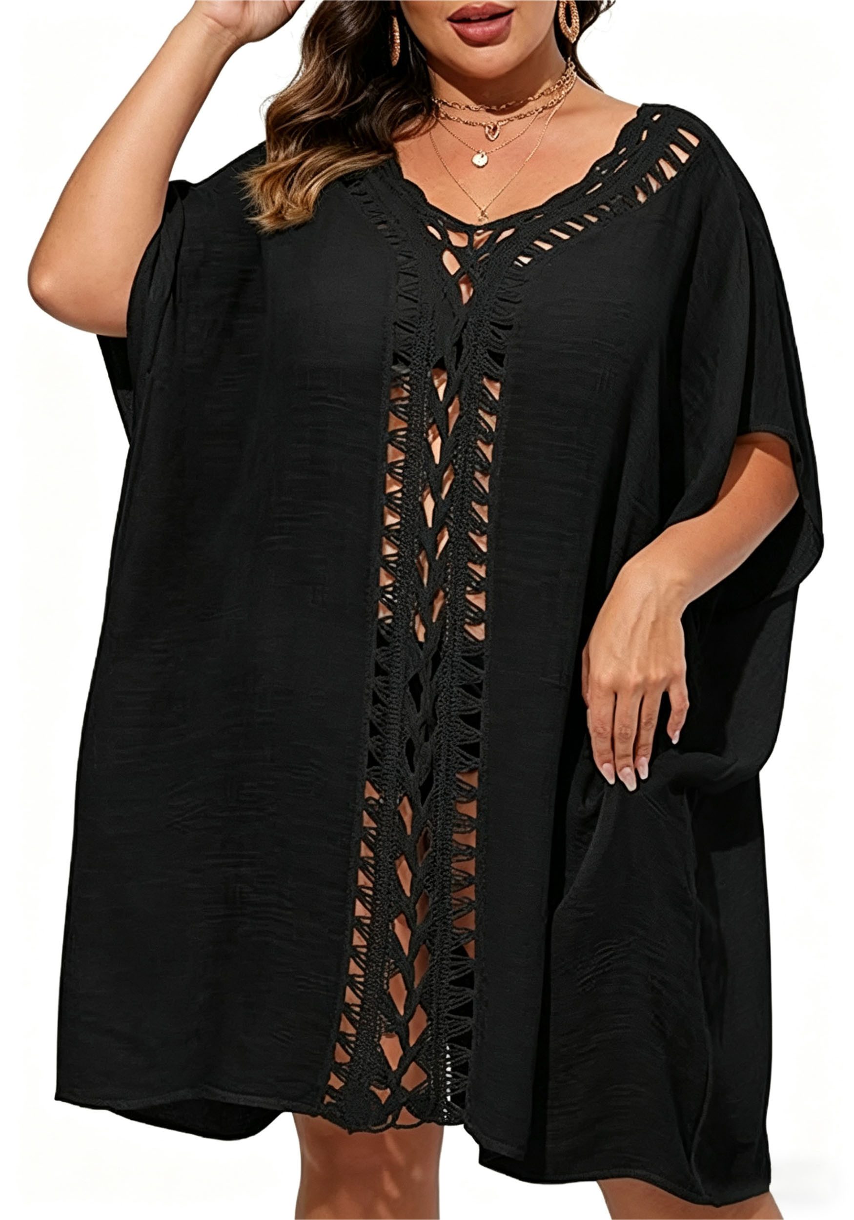 Mutig Strandkleid Damen Plus-Size-Strandkleid, Badeanzug-Überwurf, Häkel-Design-Kleid (Sommer Strandponcho, Leichter Bikini Überwurf für Strand & Urlaub, Beste Übereinstimmung für Bikini, Shorts, Badeanzug usw) Sie wirkt auch bei kurvigeren Frauen sehr attraktiv und stilvoll