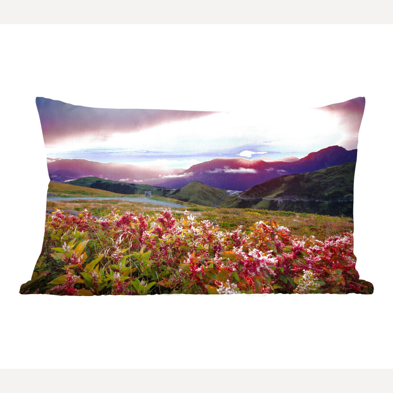 MuchoWow Dekokissen Blumen - Berge - Landschaft - Nacht - Himmel - Rosa, Wohzimmer Dekoration, Zierkissen, Dekokissen mit Füllung, Schlafzimmer