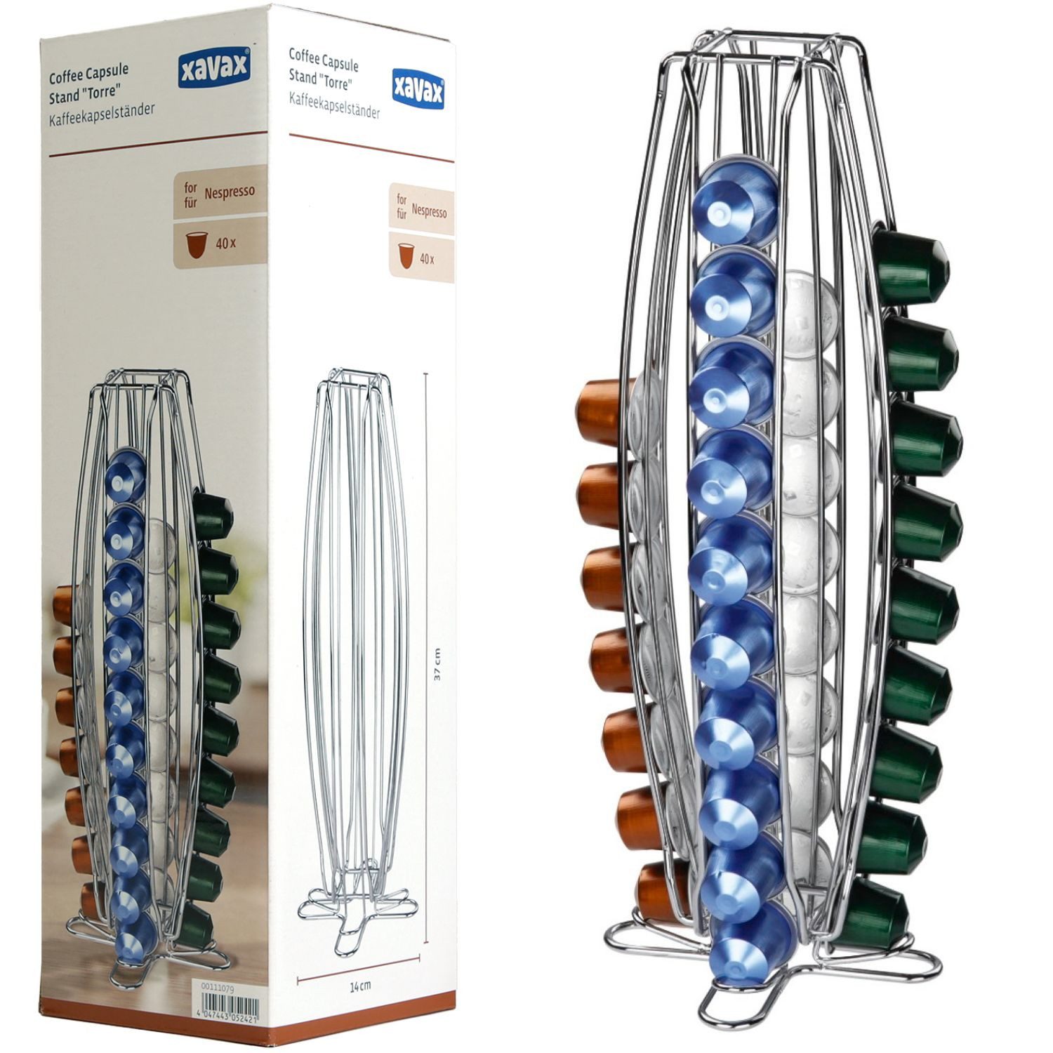 Xavax Kapselhalter Kapsel-Halter Halterung Ständer Torre Silber, Spender Metall passend für 40x Nespresso Kaffee-Kapseln Caps