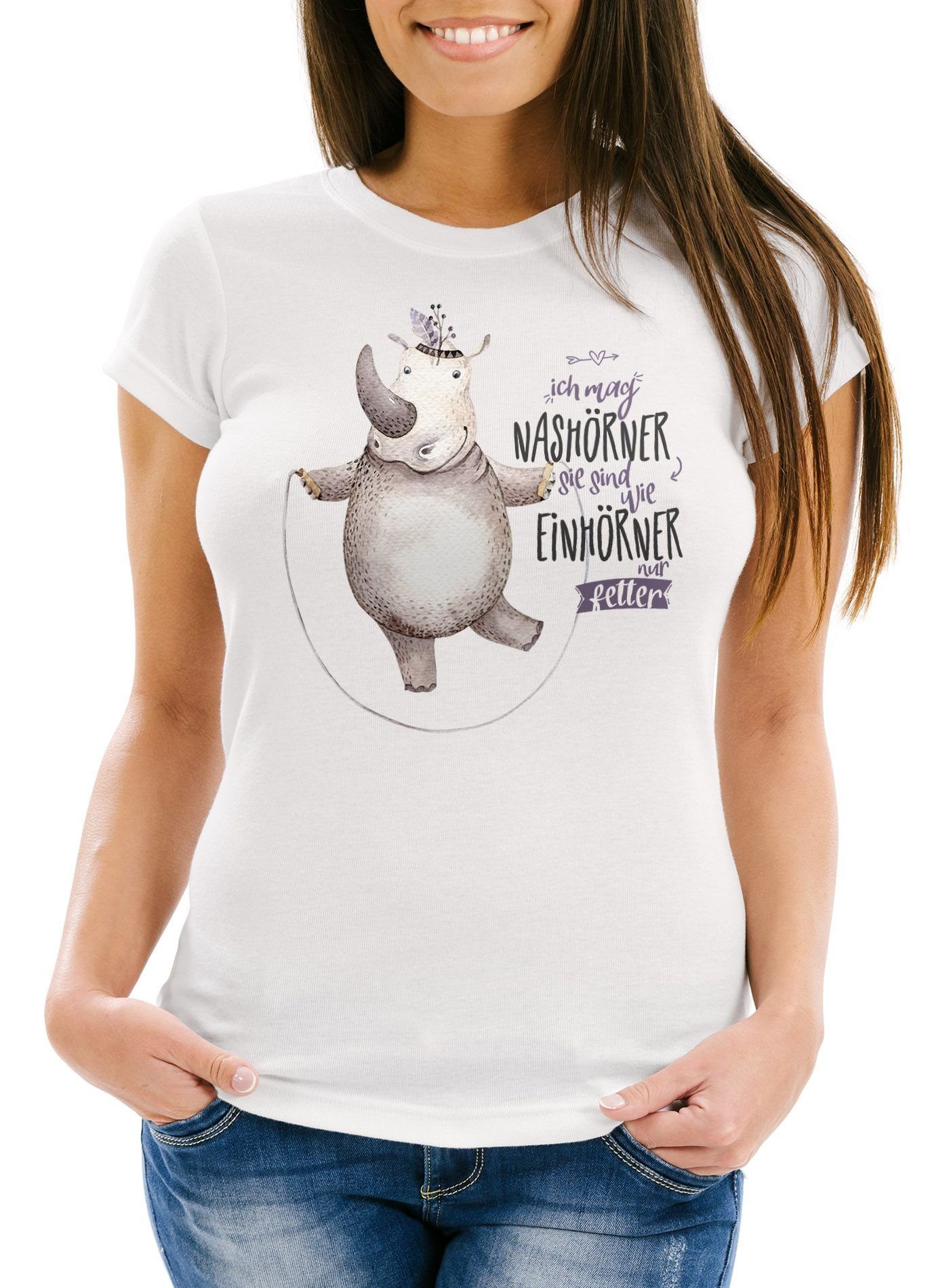 MoonWorks Print-Shirt Damen T-Shirt Ich mag Nashörner sie sind wie Einhörner nur fetter Einhorn Nashorn Spruch lustig Slim Fit Moonworks® mit Print weiß