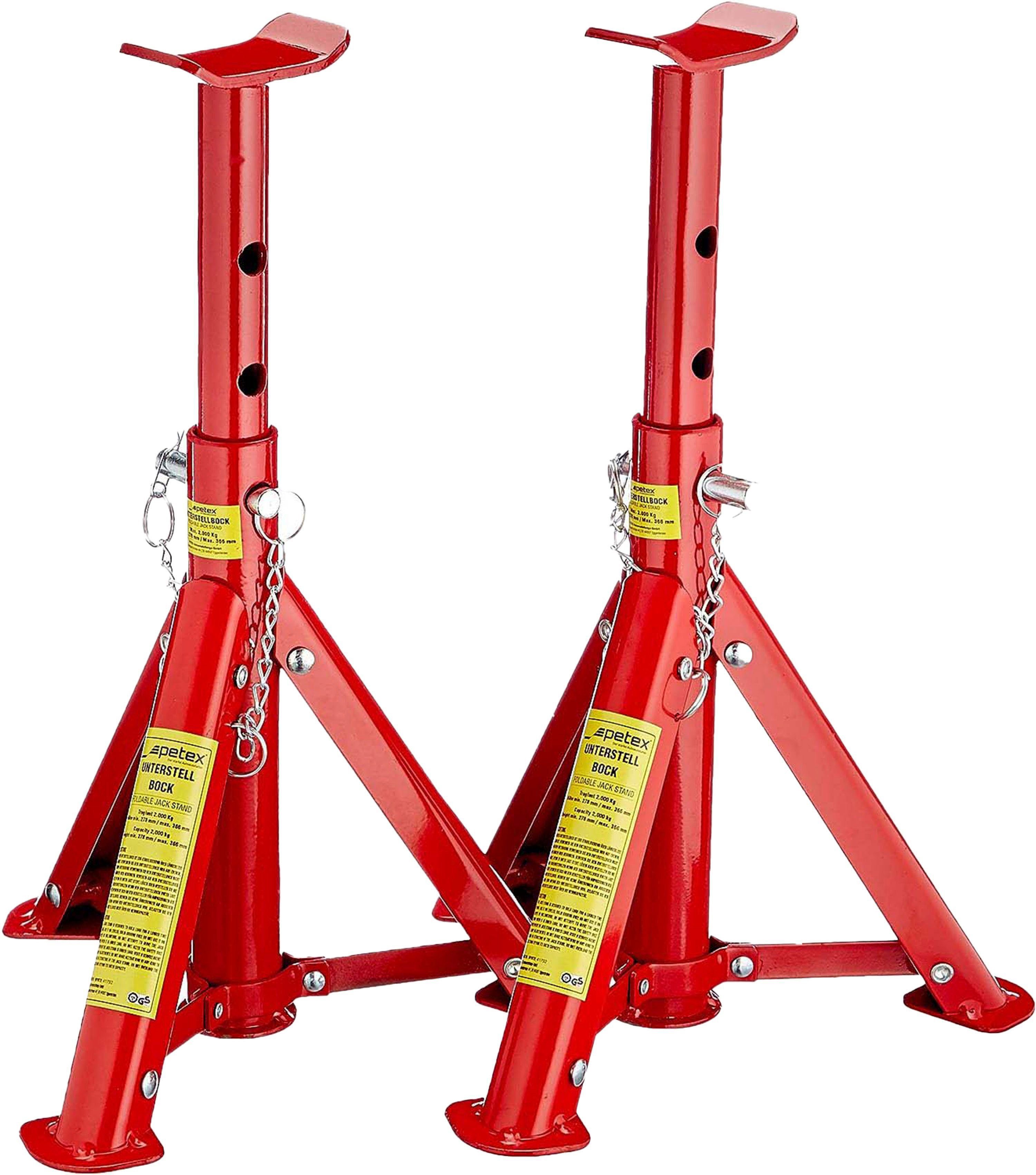 Petex Unterstellbock mit Sicherungssplint, höhenverstellbar und faltbar, 2er Set, Tragkraft: 3 Tonnen, rot