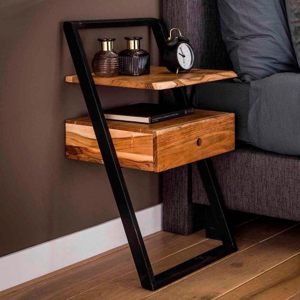 Natur-dunkel Massivholz Schublade Möbel Beistelltisch mit Nalani und Schwarz, Nachttisch RINGO-Living in