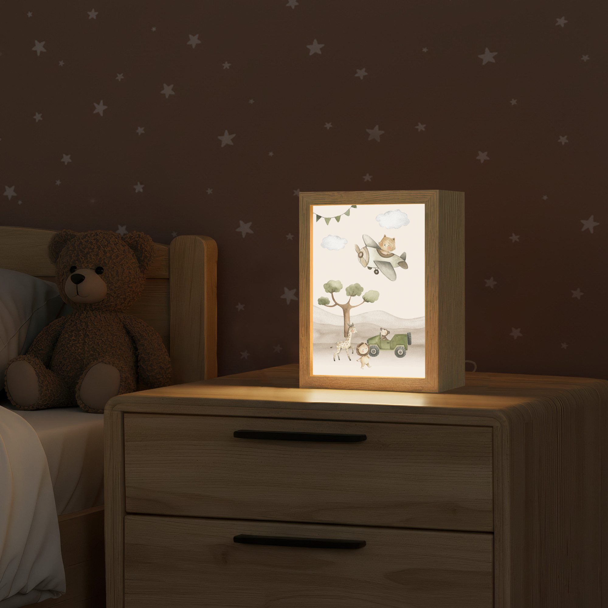 OnlyWow Nachttischlampe Lightbox Wildlife - Safari - Pastellfarben - Aquarell - Flugzeug - Mäd, Dimmbar, Farbwechsel, LED, Warmweiß, Kaltweiß, Neutralweiß Einstellbar, Kinderzimmer, Babyzimmer, Dimmbar, mit Kabel, Nachtlampe, LED