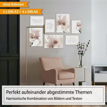 Hyggelig Home Poster Hyggelig Home Premium Poster Set - 7 passende Bilder OHNE RAHMEN im stilvollen Set - Bild Wand Deko - 3 x DIN A3 + 4 x DIN A4 - Set Pastell Flower, Pflanze (Set, 7 St), Knickfreie Lieferung Qualitätsdruck Dickes Papier