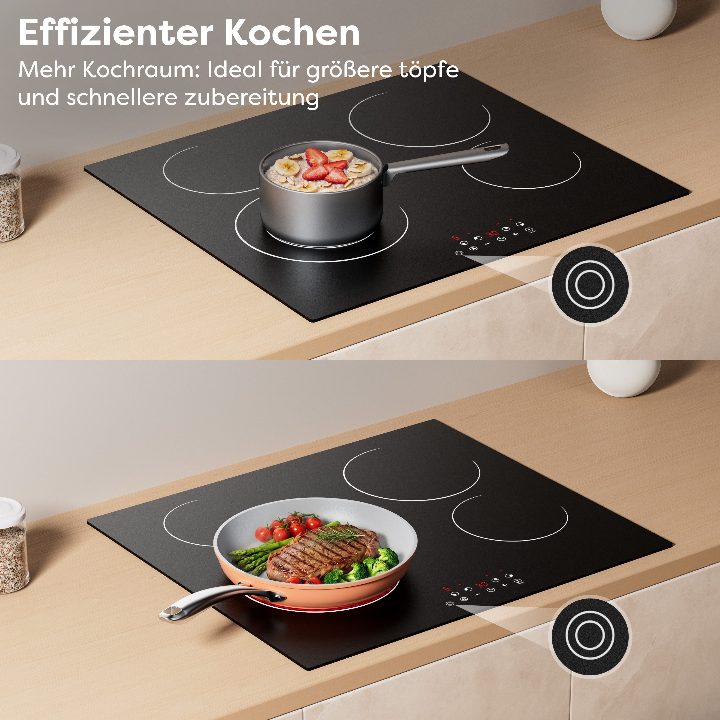 CDV Elektro-Kochfeld 59 cm Doppel-Ring Cerankochfeld 4 Zonen CDVER64B, Einbau Ceran-Kochfeld 9 Stufen, Touch Control mit Timer 6400 W