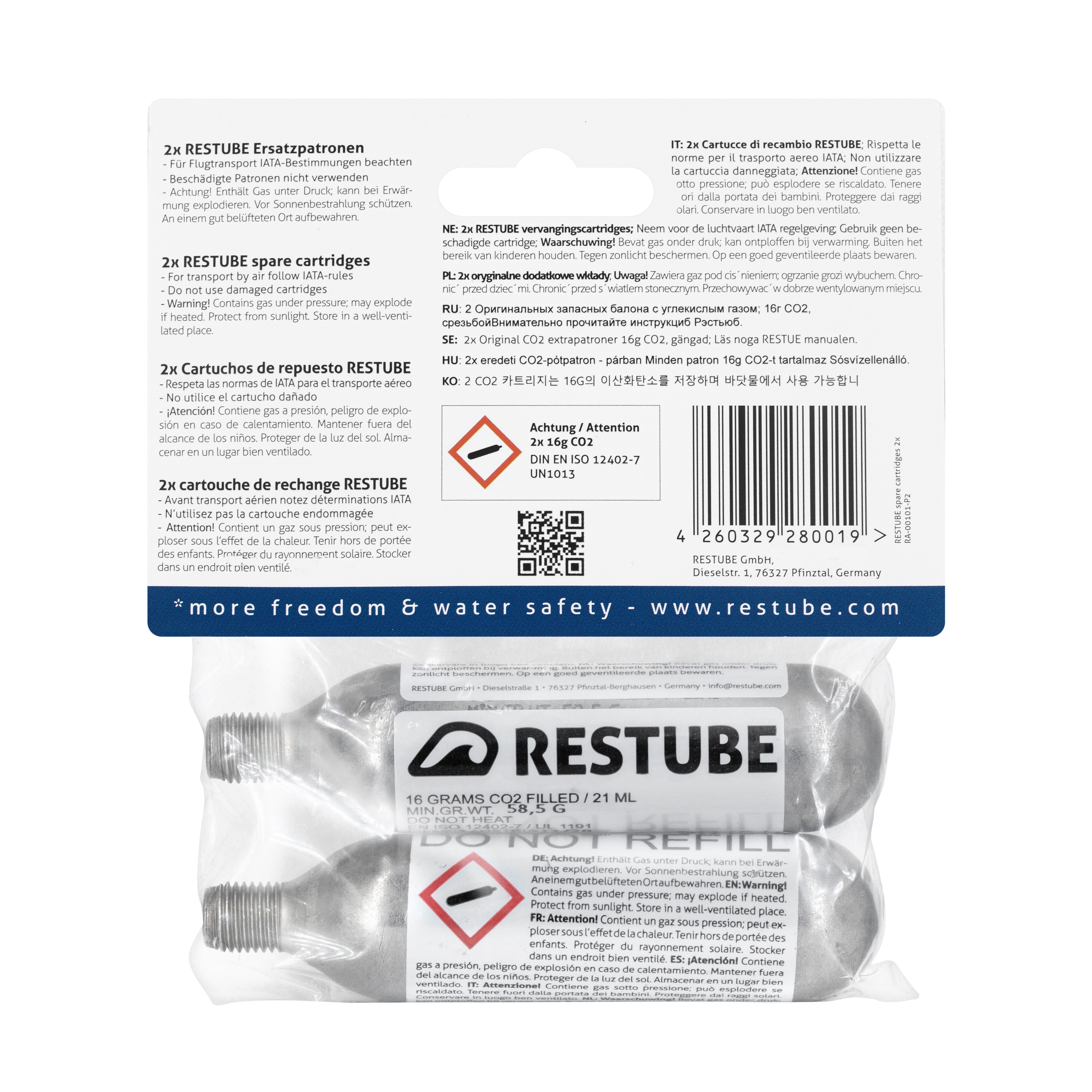 Restube Wasser-Airbag Ersatzpatrone 16 g CO2 (2-St), für Restube active, extreme, lifeguard & pfd by RESTUBE