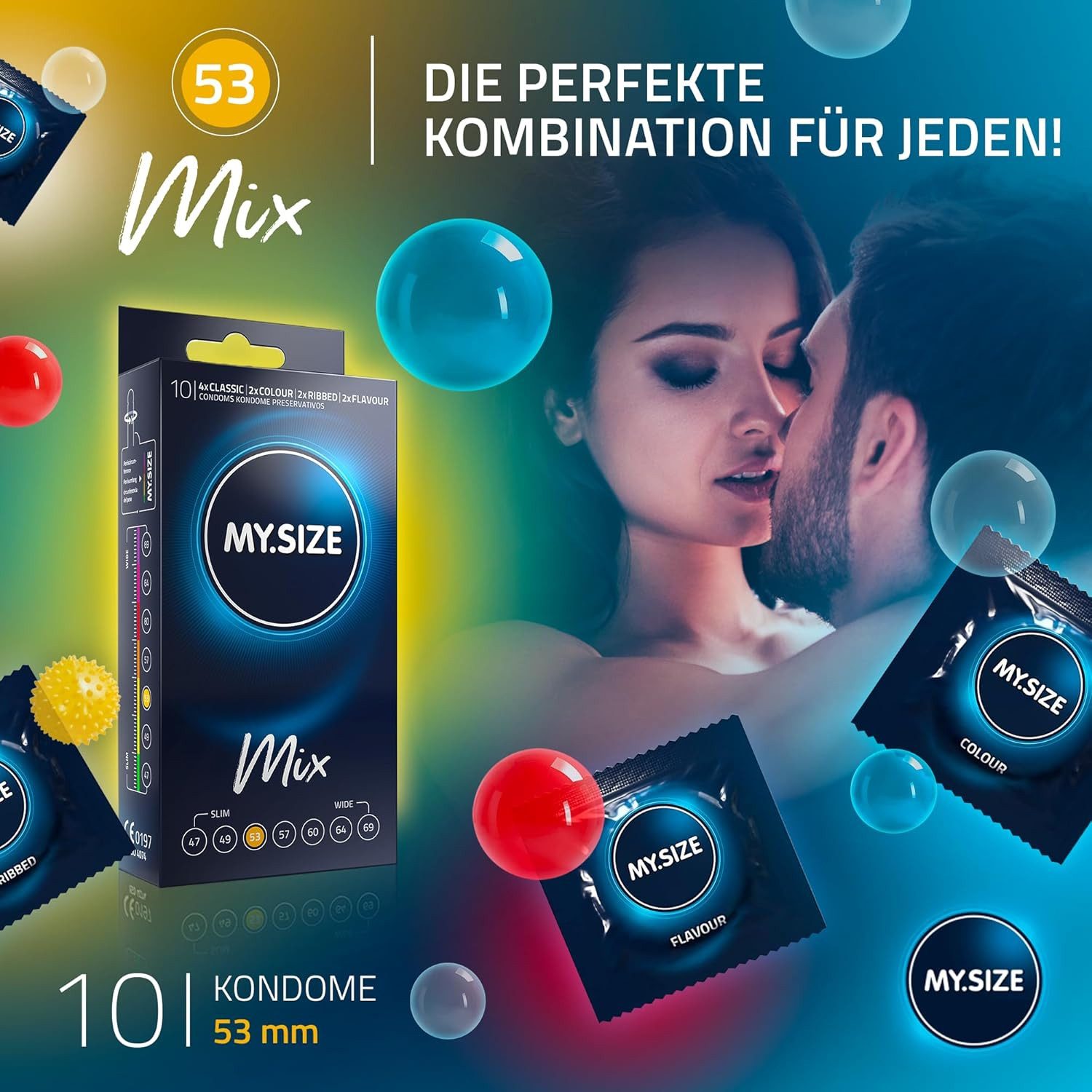 MY.SIZE Kondome Mix, gemischte Kondome in individueller Passform, blaue, rote mit Erdbeeraroma, gerippt, classic