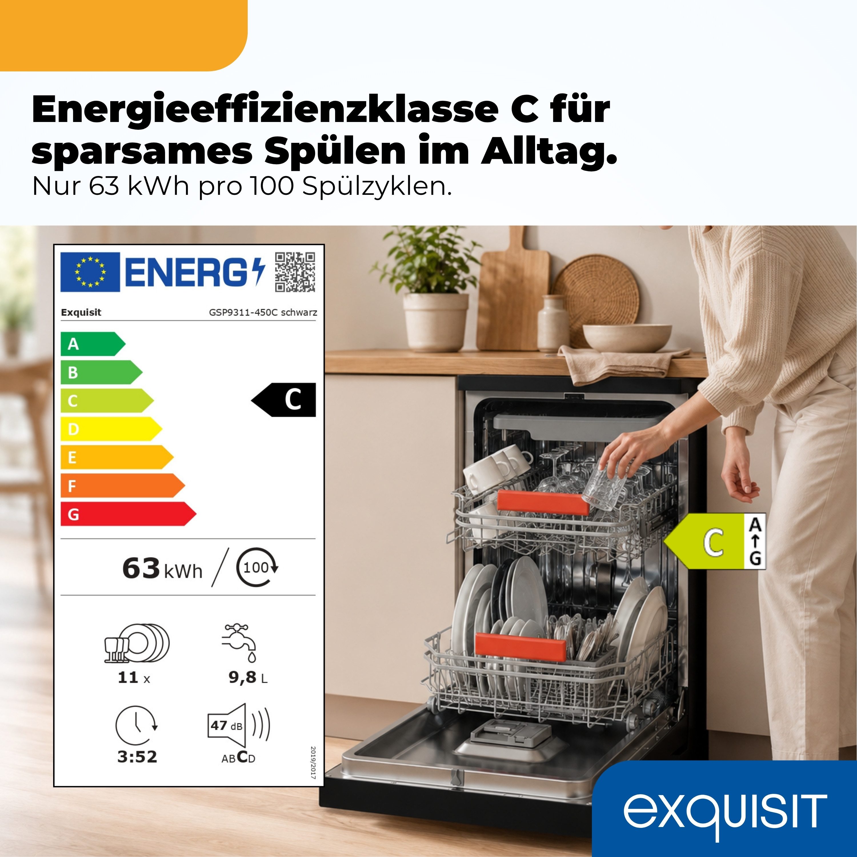 exquisit Standgeschirrspüler 9311 GSP9311-450C schwarz, 9 l, 10 Maßgedecke, 10 Maßgedecke, LED, Besteckschublade, Auto Door Open, AquaStop