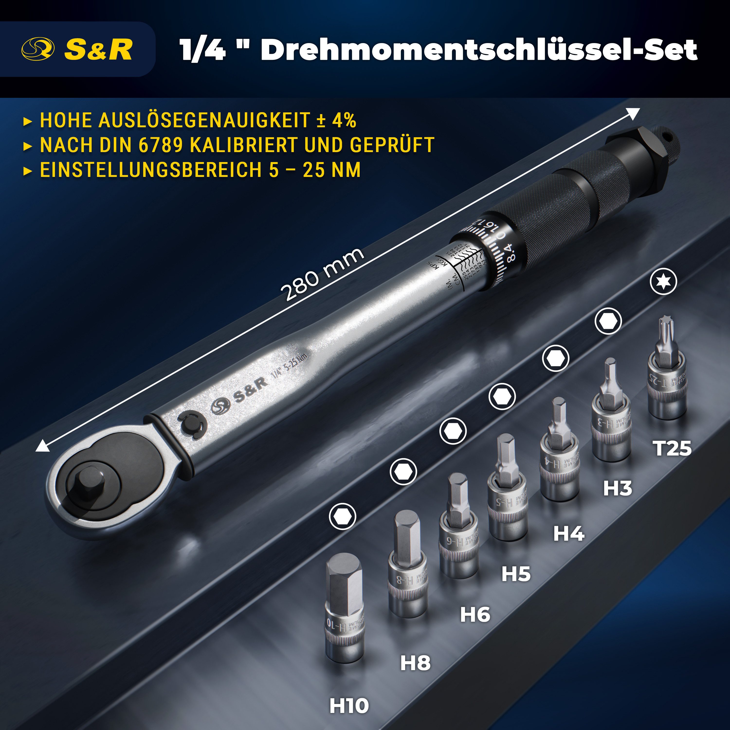 S&R Drehmomentschlüssel Set 1/4", 272 mm, 5 - 25 Nm mit 7 Bits, aus CrV-Stahl, bruchfest (Set, 8 St., inkl. 7 Bits: H10, H8, H6, H5, H4, H3, T25), Umschaltbarer Ratsche, besonders geeignet für Fahrräder und Motorräder