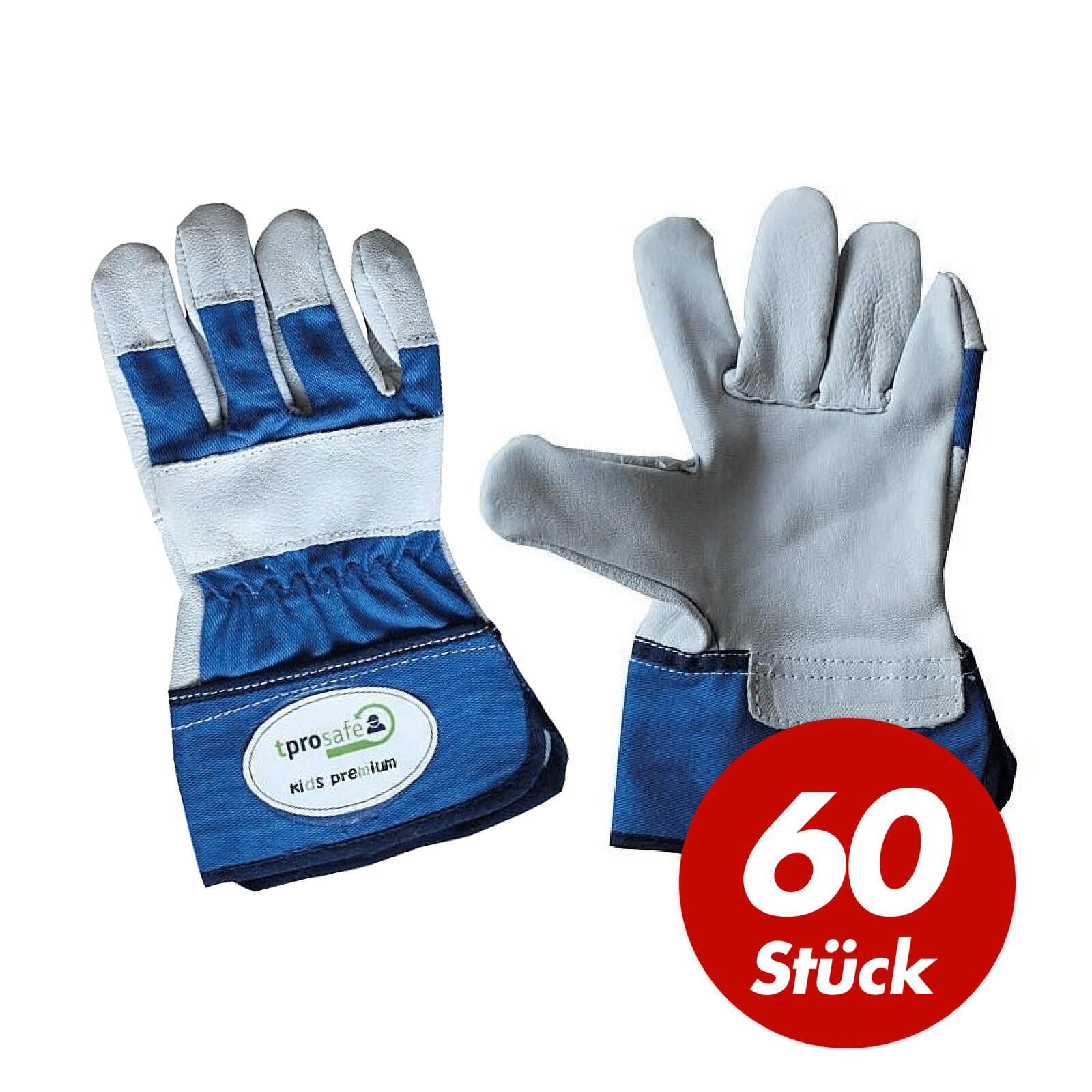 tprosafe Leder-Arbeitshandschuhe kids premium Kinderhandschuhe blau-grau 60 Paar, kleine Hände (Set)