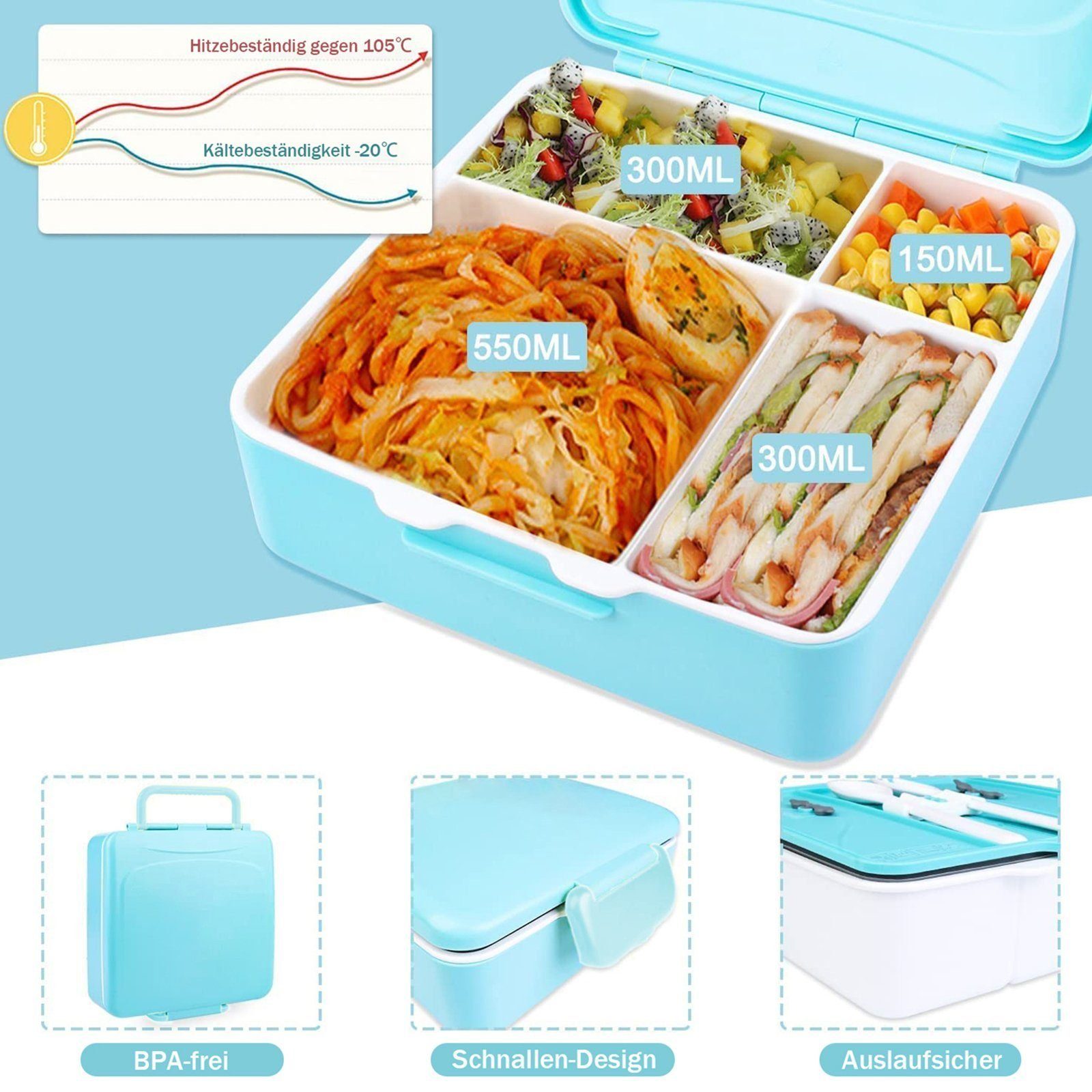 Lebensmittel-safe 1300 Bentobox mit für Löffelgabel Kinder ml Fächern Brotdose JOEAIS Lunchbehälter, Lunchbox Materialien Lunchboxen Erwachsene