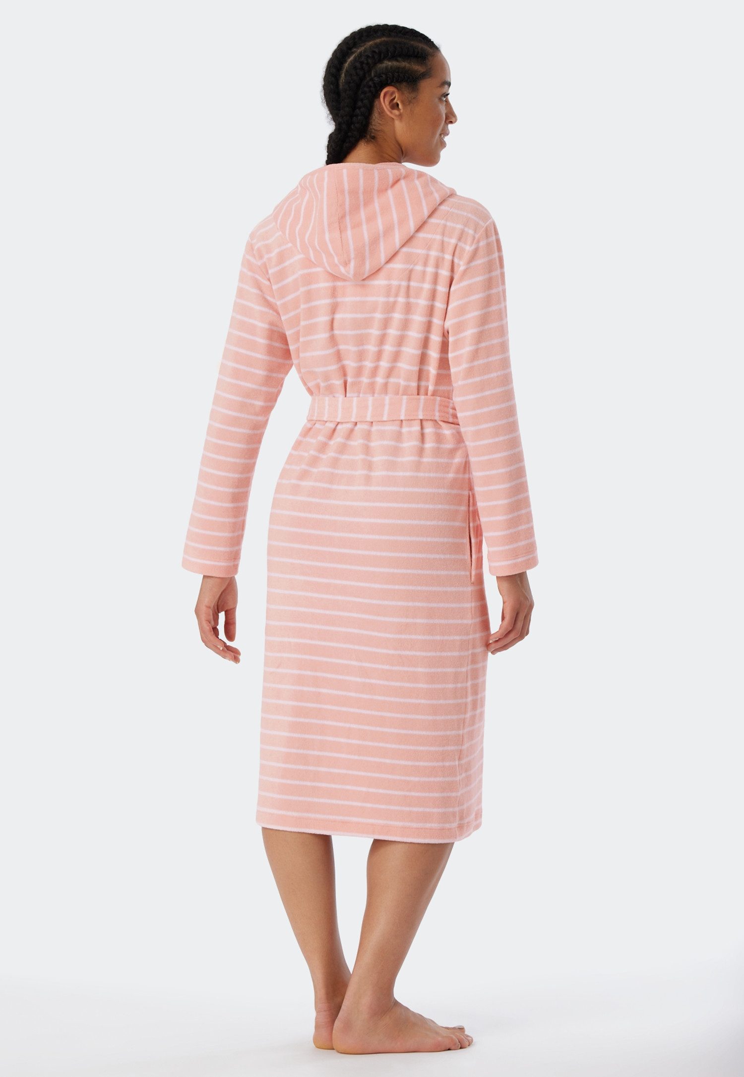 Schiesser Bademantel Feather Terry, Midilänge, Baumwoll-Mix, Kapuze, Gürtel, Bindegürtel, Kapuze, Seitentaschen, Regular Fit, Frottee, weich