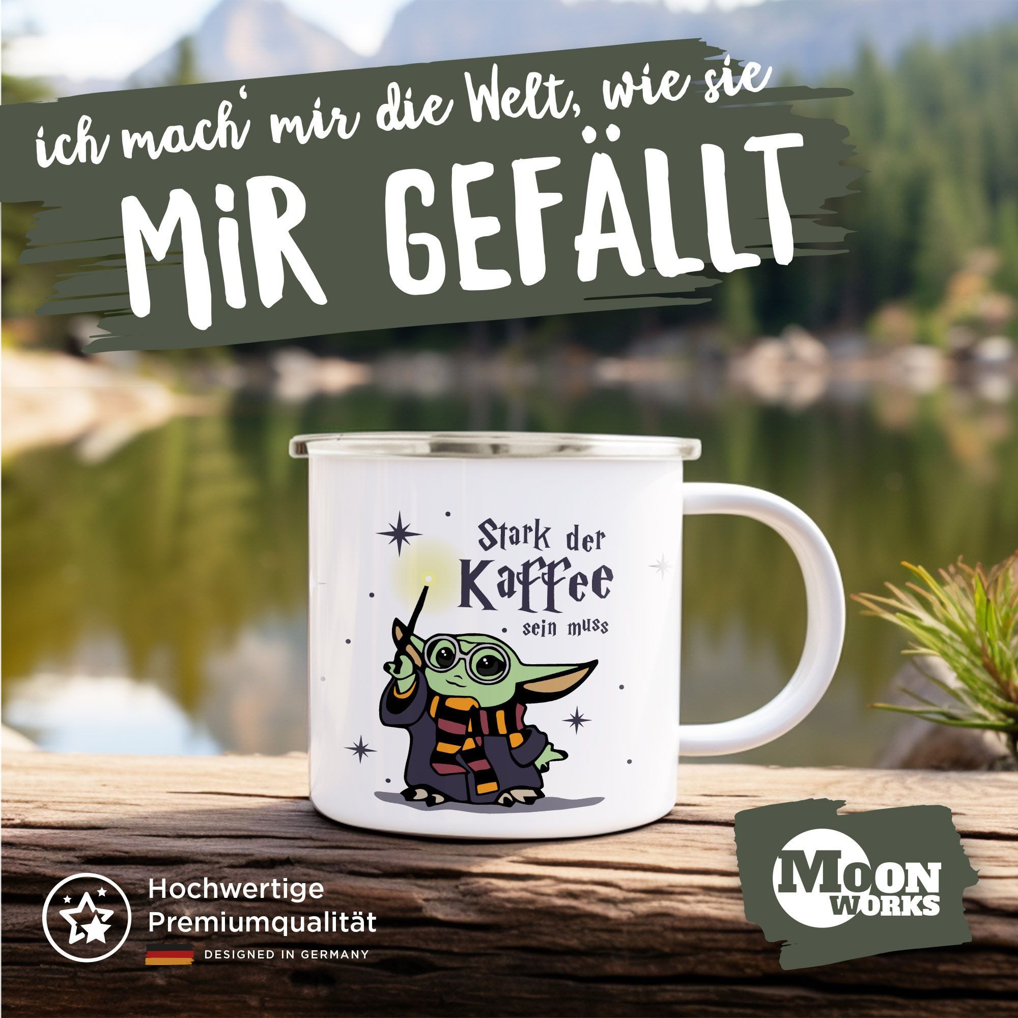 MoonWorks Tasse Emaille-Tasse Baby-Yoda Spruch lustig Stark der Kaffee sein muss, Metall, emailliert und mit Aufdruck