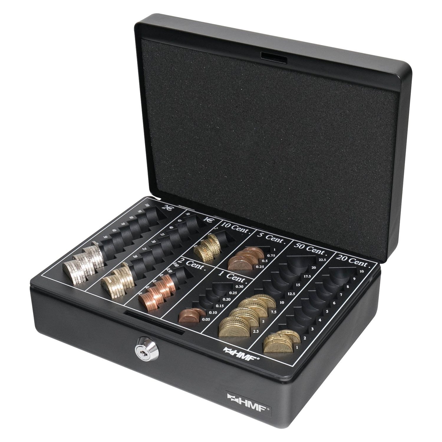 HMF Geldkassette Abschließbare Bargeldkasse mit Euro-Münzzählbrett, hochwertige Geldbox mit Schlüssel, 25 x 18 x 9 cm, schwarz