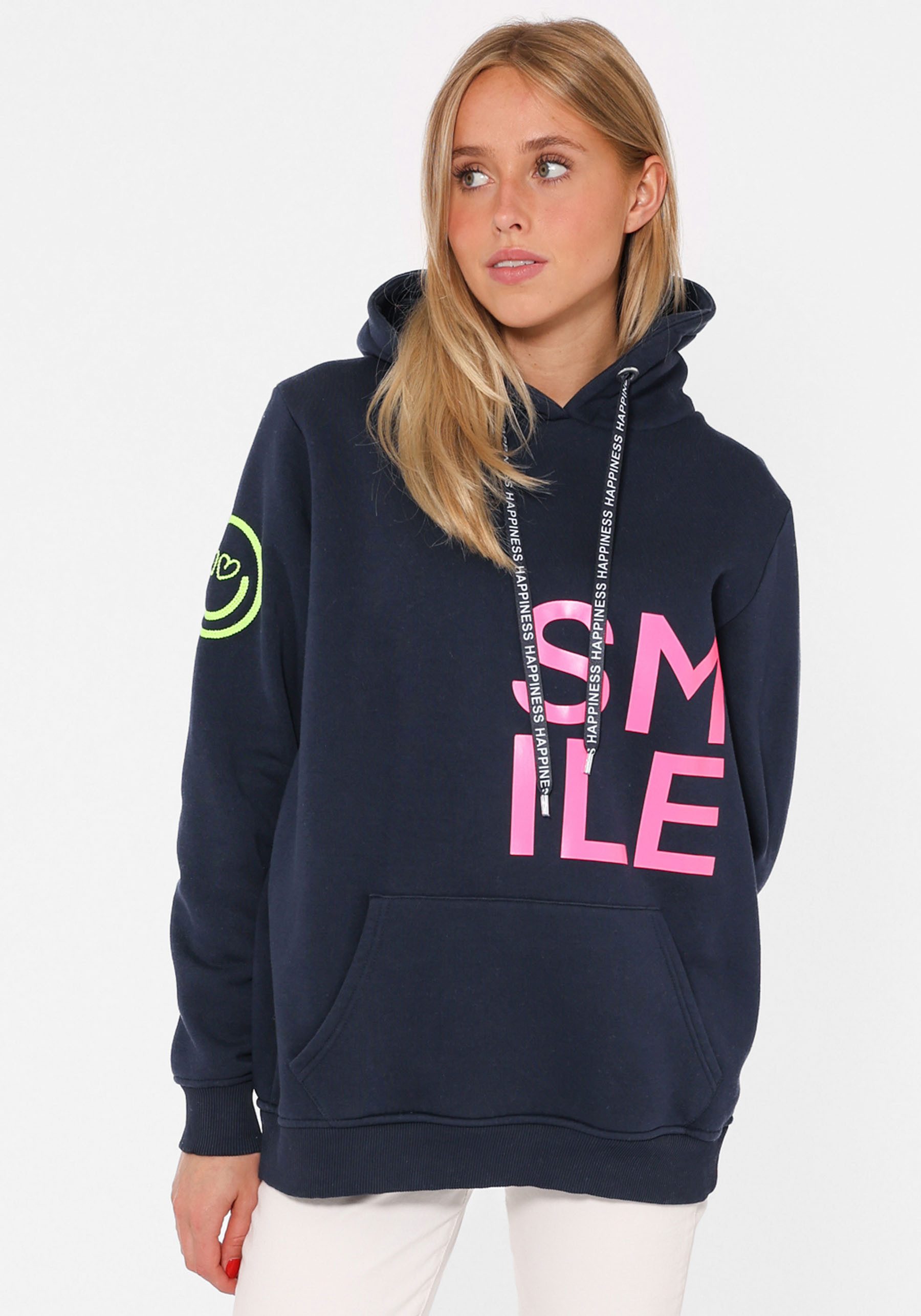 Zwillingsherz Hoodie "Alissa" Langarm, Kapuze, Neon-Details, Kordelzug, Frontprint, Kängurutasche