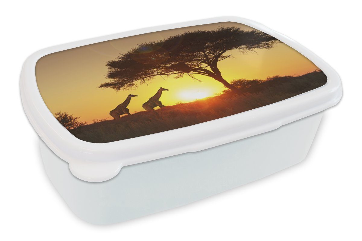 MuchoWow Lunchbox Giraffen - Sonne - Baum - Schatten, Kunststoff, (2-tlg), Brotbox für Kinder und Erwachsene, Brotdose, für Jungs und Mädchen weiß