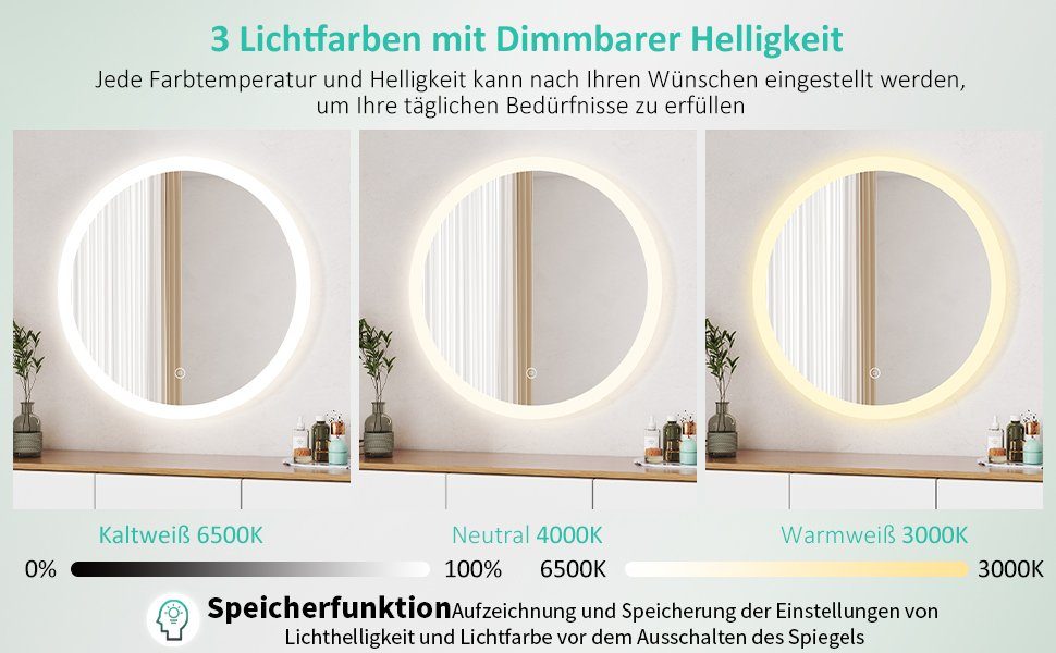 WDWRITTI Schminkspiegel Kosmetikspiegel Rund mit LED beleuchtung 60cm Wandm günstig online kaufen