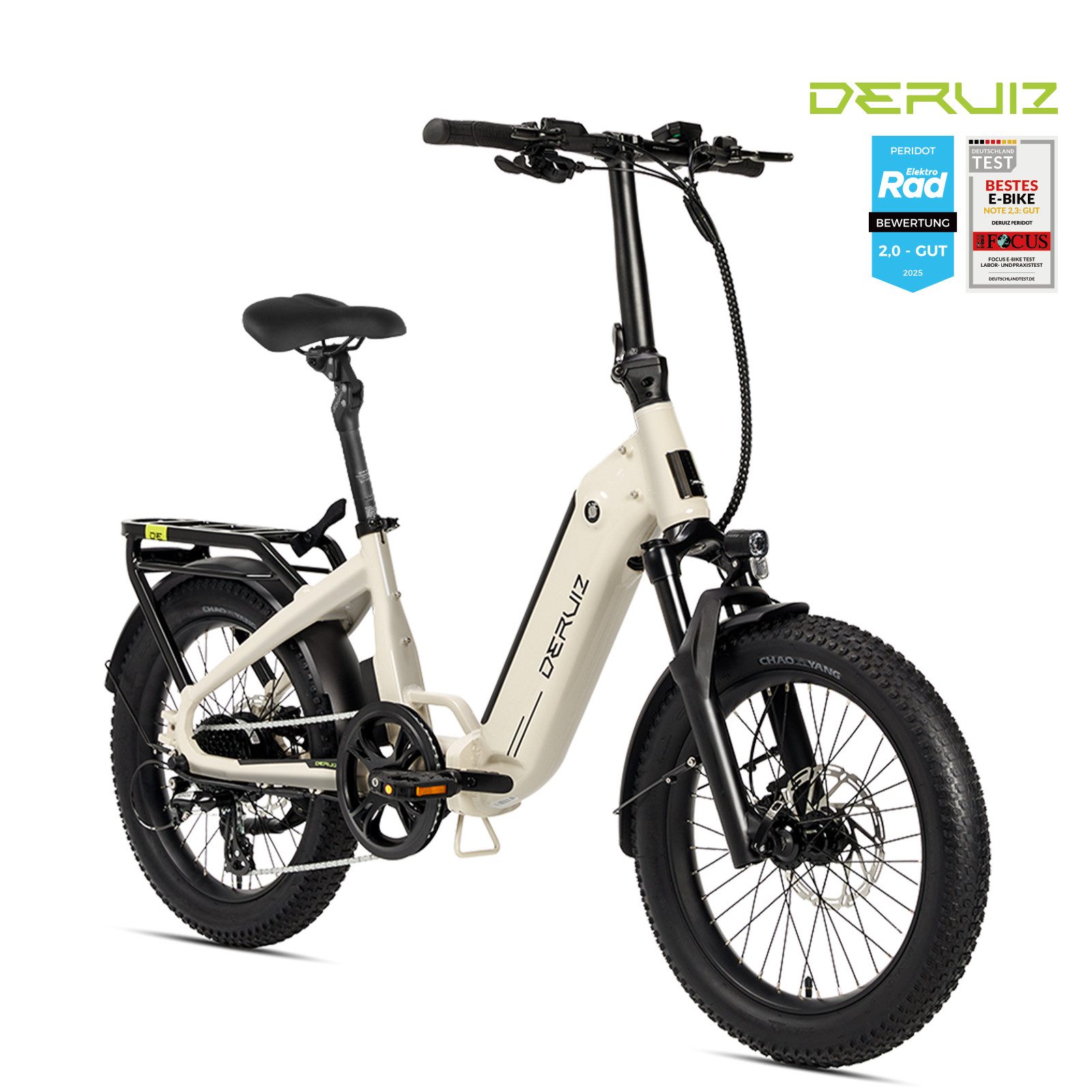 DERUIZ E-Bike Klapprad 20x3,0 Zoll, max. 140km, Federsattelstütze, mit Bluetooth, 5 Stufen, 8 Gang SHIMANO SHIMANO ALTUS 11-32T Schaltwerk, Kettenschaltung, Heckmotor, 500 Wh, (mit Akku-Ladegerät, mit Werkzeug), RH:36cm, Bremslicht, Gepäckträger (max.50kg), hydraulische Bremsen