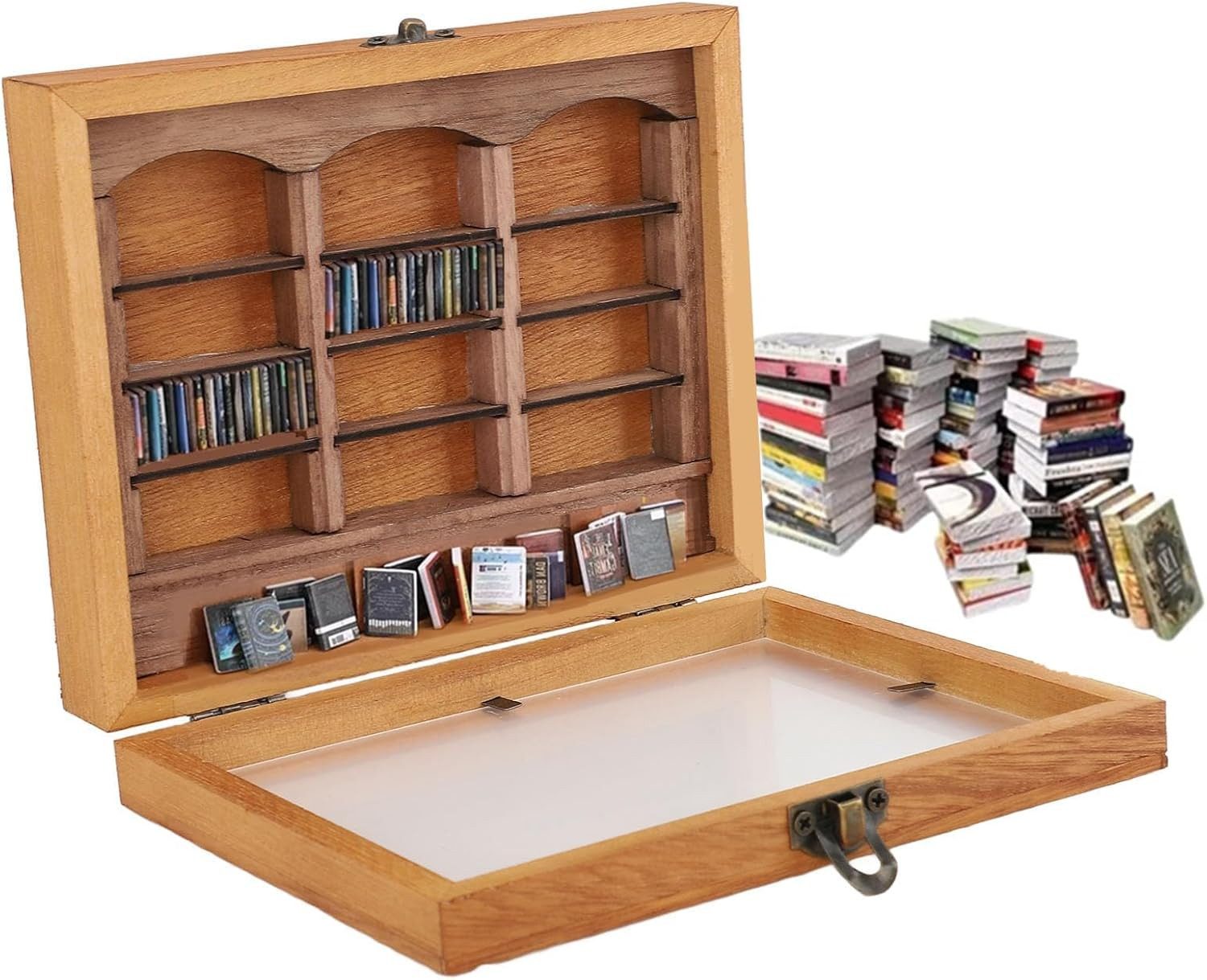 SURFOU Dekofigur Mini Bücherregal Deko mit 196 Miniaturbüchern aus Holz (Dekoratives Miniatur Bücherregal aus Massivholz mit 196 Mini-Büchern als Schreibtischdekoration, Wohnaccessoire und kreatives Geschenk, 1 St)