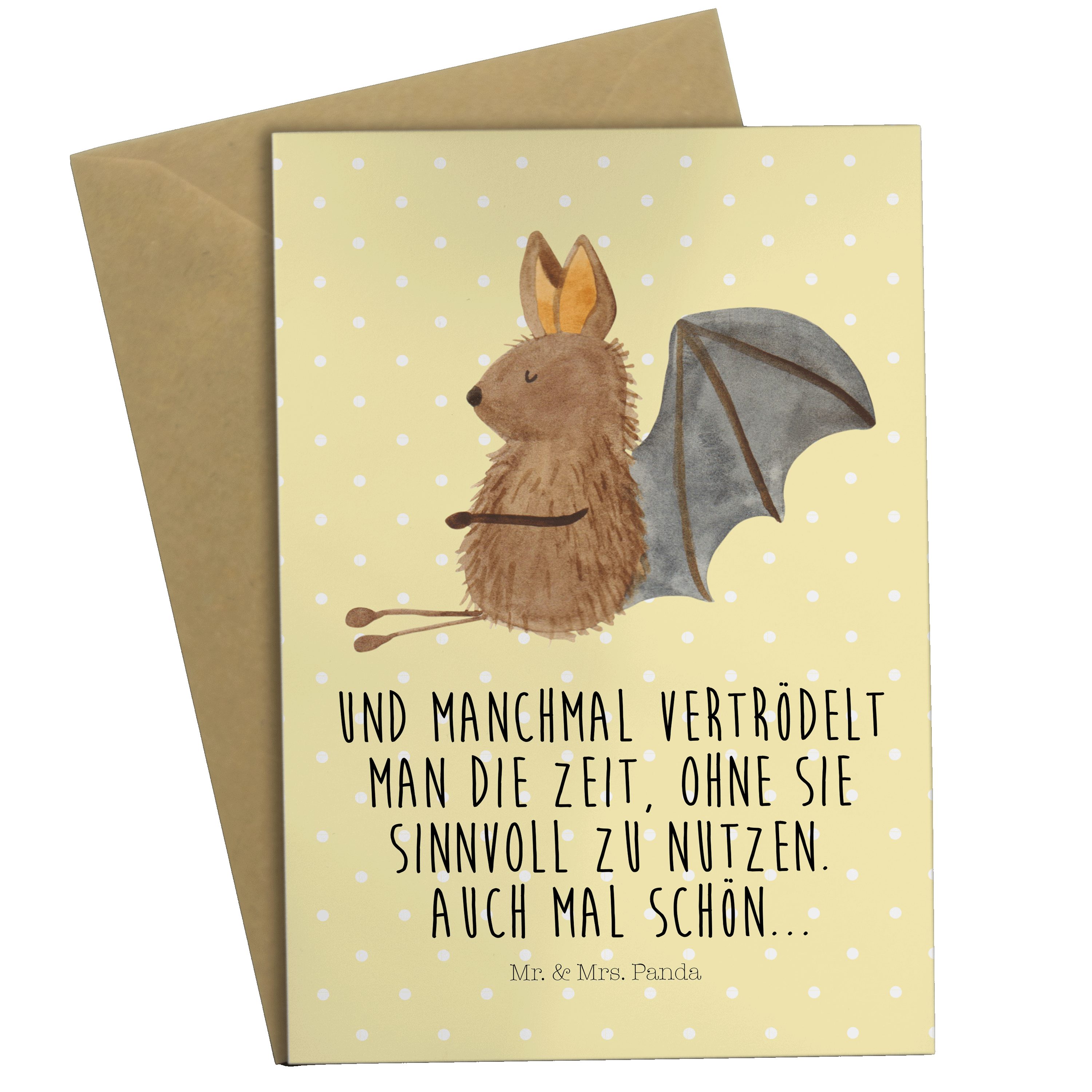 Mr. & Mrs. Panda Grußkarte Fledermaus sitzend - Gelb Pastell - Geschenk, Geburtstagskarte, Tiere