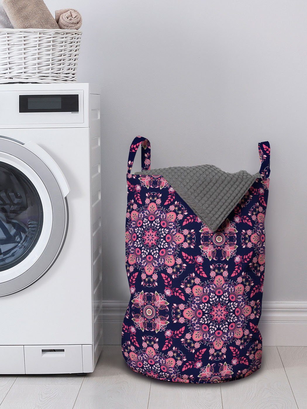 Abakuhaus Wäschesäckchen Wäschekorb für Waschsalons, Kordelzugverschluss Ethnisch Griffen Frühlings-Blüten mit