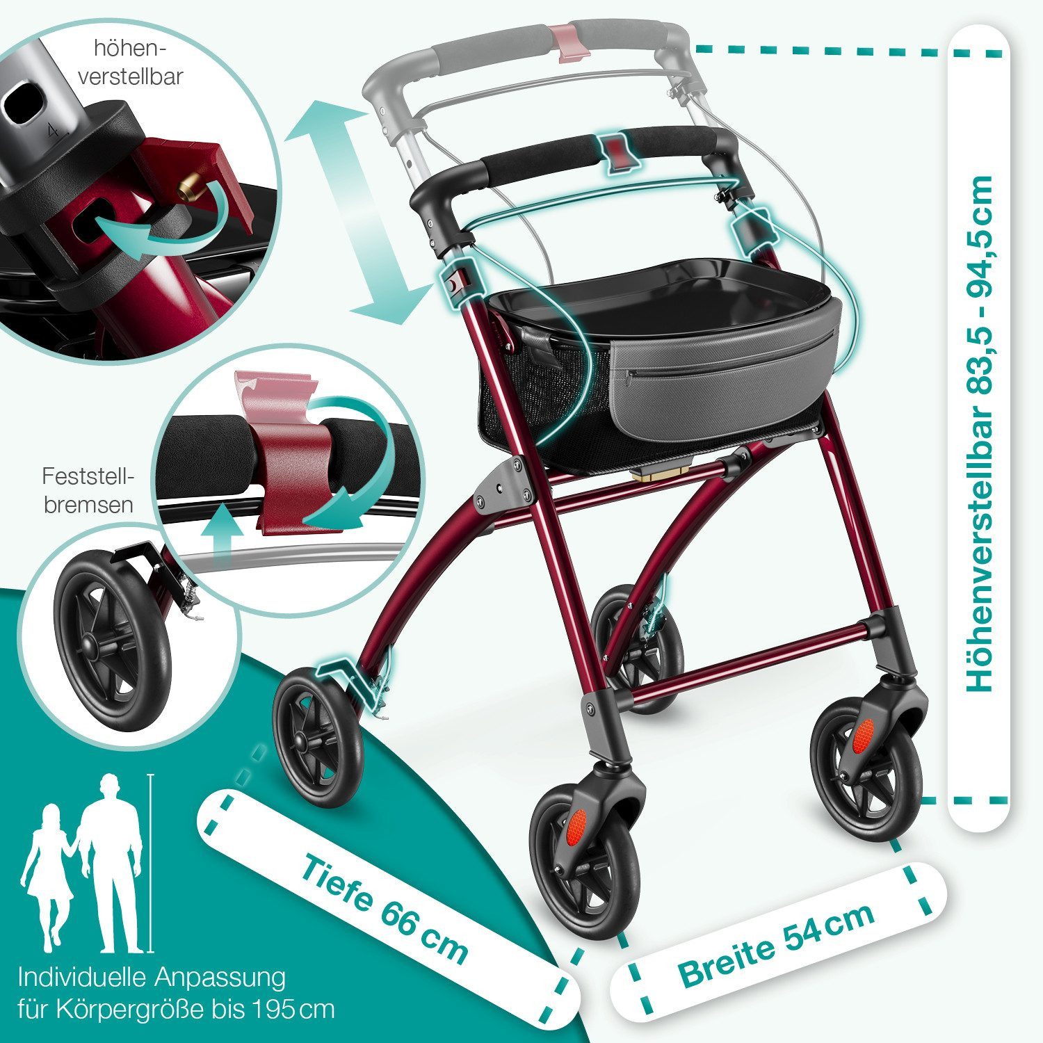 ELONEO Indoor-Rollator Wohnungsrollator inkl. Tablett & Korb für Zuhause, klappbare Gehhilfe, Einhand-Falt-mechanismus, geringes Faltmaß, maximale Sichtbarkeit