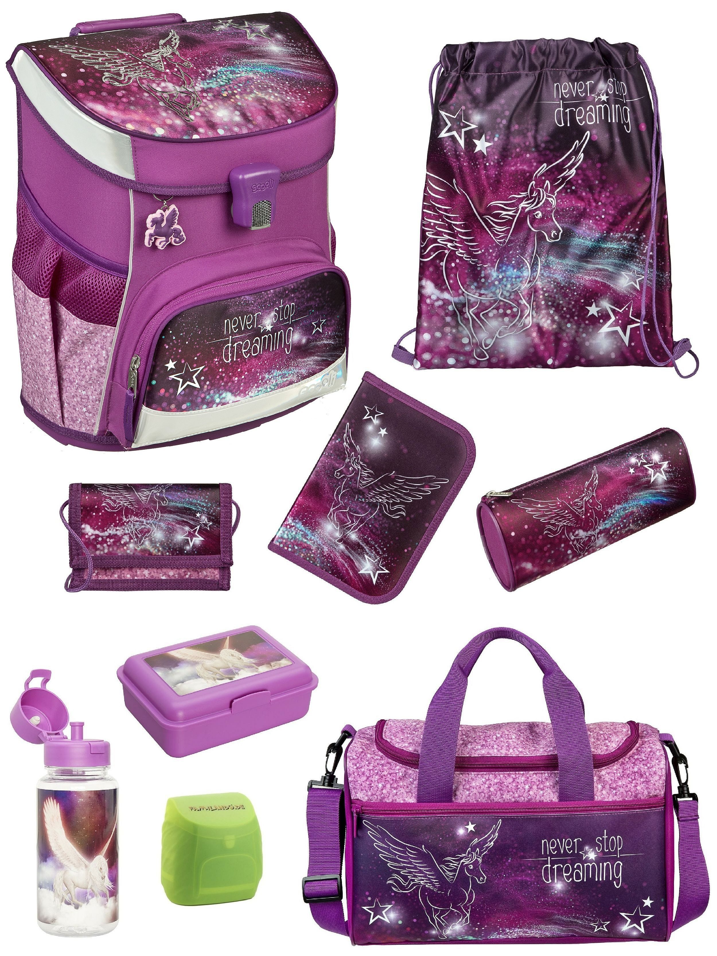 Scooli Schulranzen CampusFit Schultasche ab der 1. Klasse, Grundschule, Motiv für Mädchen (Set, 9-tlg., inkl. Federmappe und Sporttasche), 980 Gramm; mit Brustgurt; 18L Volumen; Lila/Violett mit PEGASUS Pferd