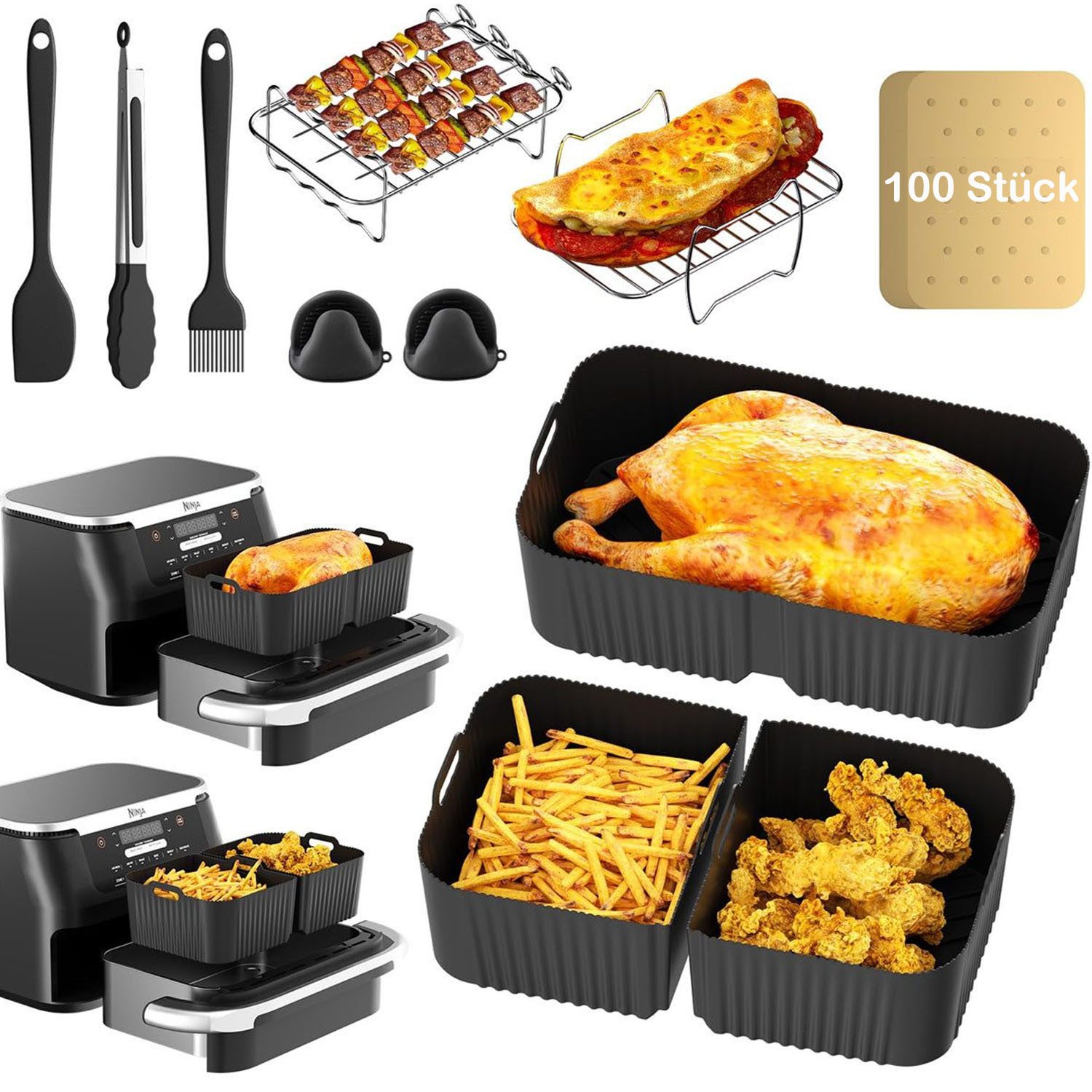 SURFOU Backform Heißluftfritteuse zubehör für Ninja Airfryer AF500EU 15-tlg BPA-frei, (Airfryer Zubehör Set für Ninja Foodi AF500EU& AF500EUCP, ninja foodi flexdrawer 10,4L,COSORI TwinFry 10L – 3 Silikonmatten & 12-teiliges Set, 10,4L, 5,2L, hitzebeständig bis 240 °C, Schnell zubereitet, gesund, fettarm, 304Edelstahl, Lebensmittelechtes Silikon 15-tlg), für Grillgerichte, Brathähnchen, Pommes Frites, Kuchen, Snacks
