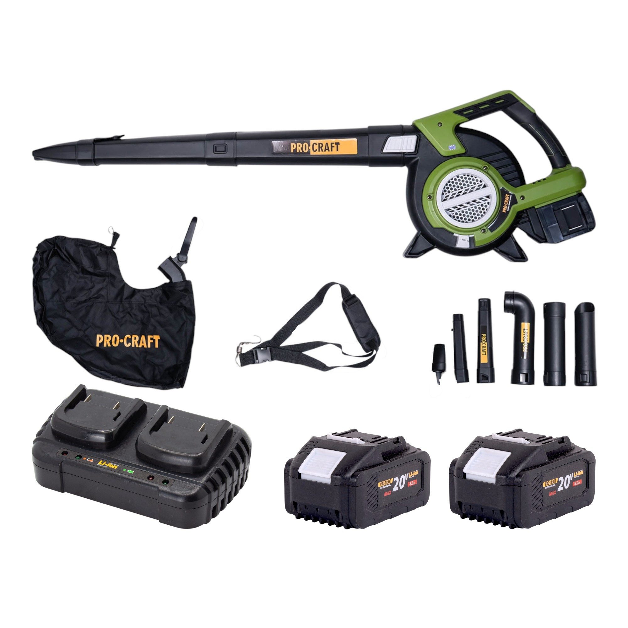 PRO CRAFT Akku-Laubbläser VB20 Akku Laubbläser und Laubsauger 40 V (2x 20 V) Brushless + 2x