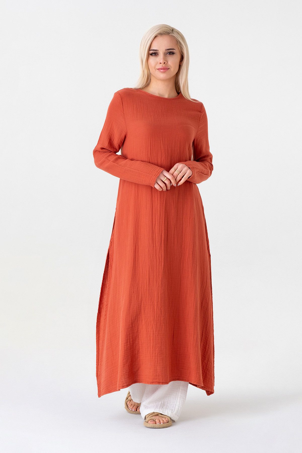 WENOR Longtunika Damen Musselin Longbluse Langarm mit Seitenschlitzen Modest Fashion extra langer Schnitt für bedeckte Looks