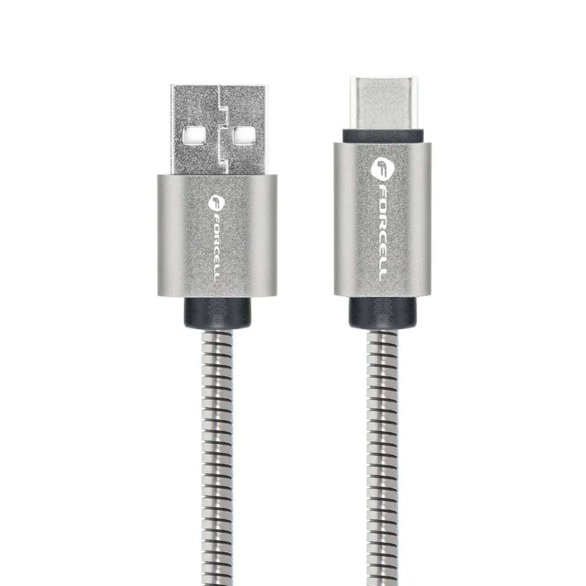 Forcell Ladekabel USB-Kabel auf Typ C 2.0 2,4 A Metall C234 1 m Silber Smartphone-Kabel