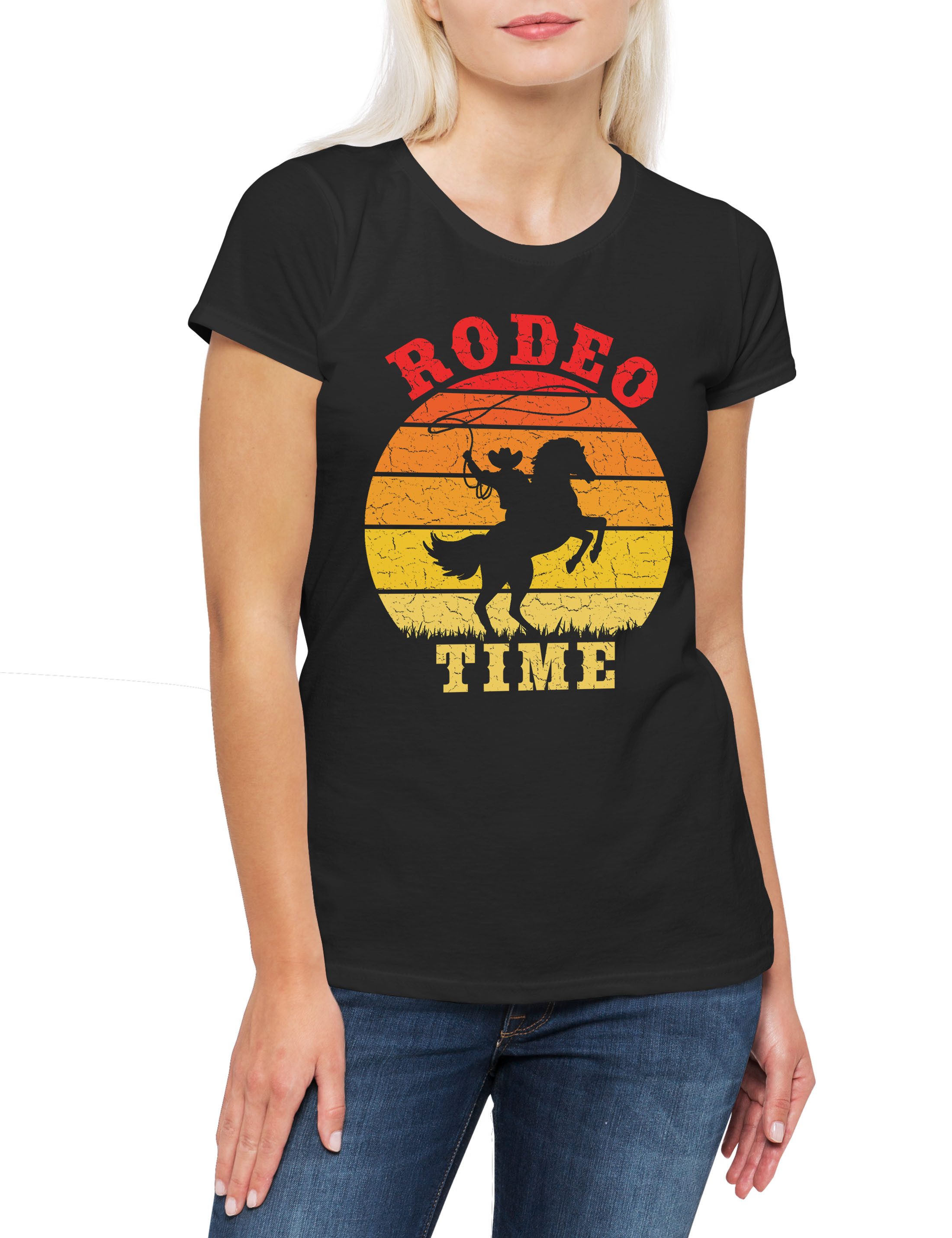 Print-Shirt Rodeo Time Damen T-Shirt Pferd Cowboy Country Horse Cowgirl Hut Lasso