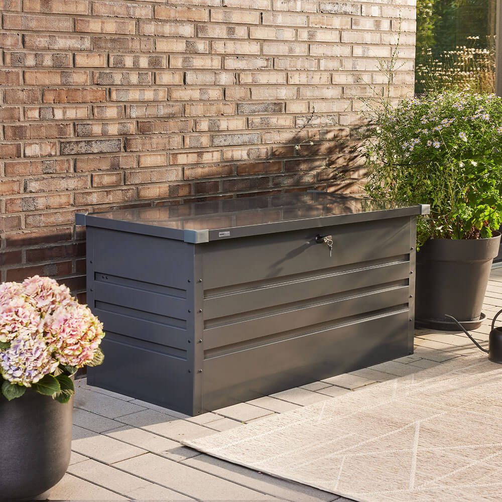 HOME DELUXE Auflagenbox Metallaufbewahrungsbox 600L, 126 x 56 cm 400l, Wetterfest, Gartentruhe, Gartenbox