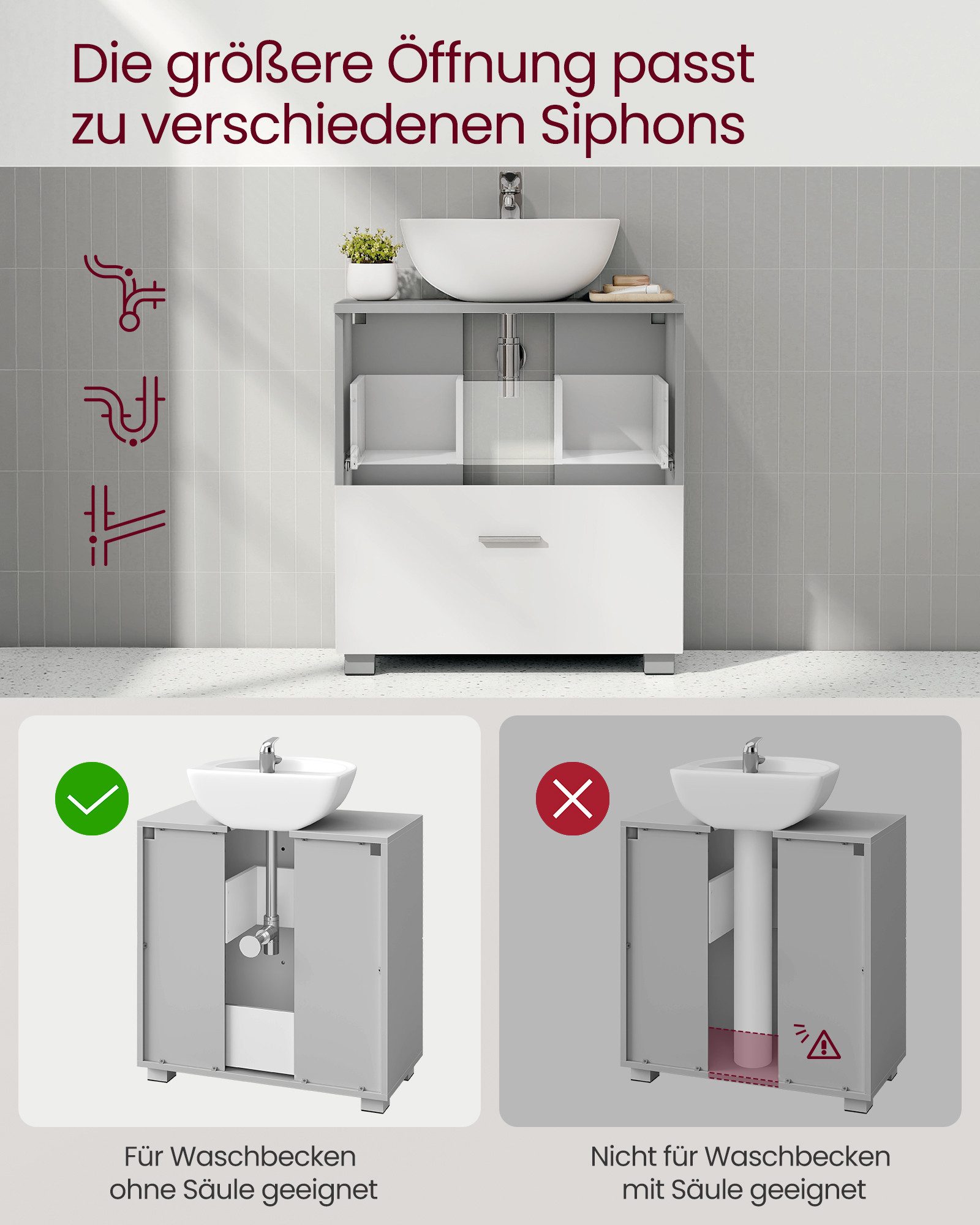 VASAGLE Waschbeckenunterschrank Badezimmerschrank mit 2 großen Schubladen 30 x 60 x 63,8 cm, hohe Füße, für Waschbecken ohne Säule – Bild 5 von 5