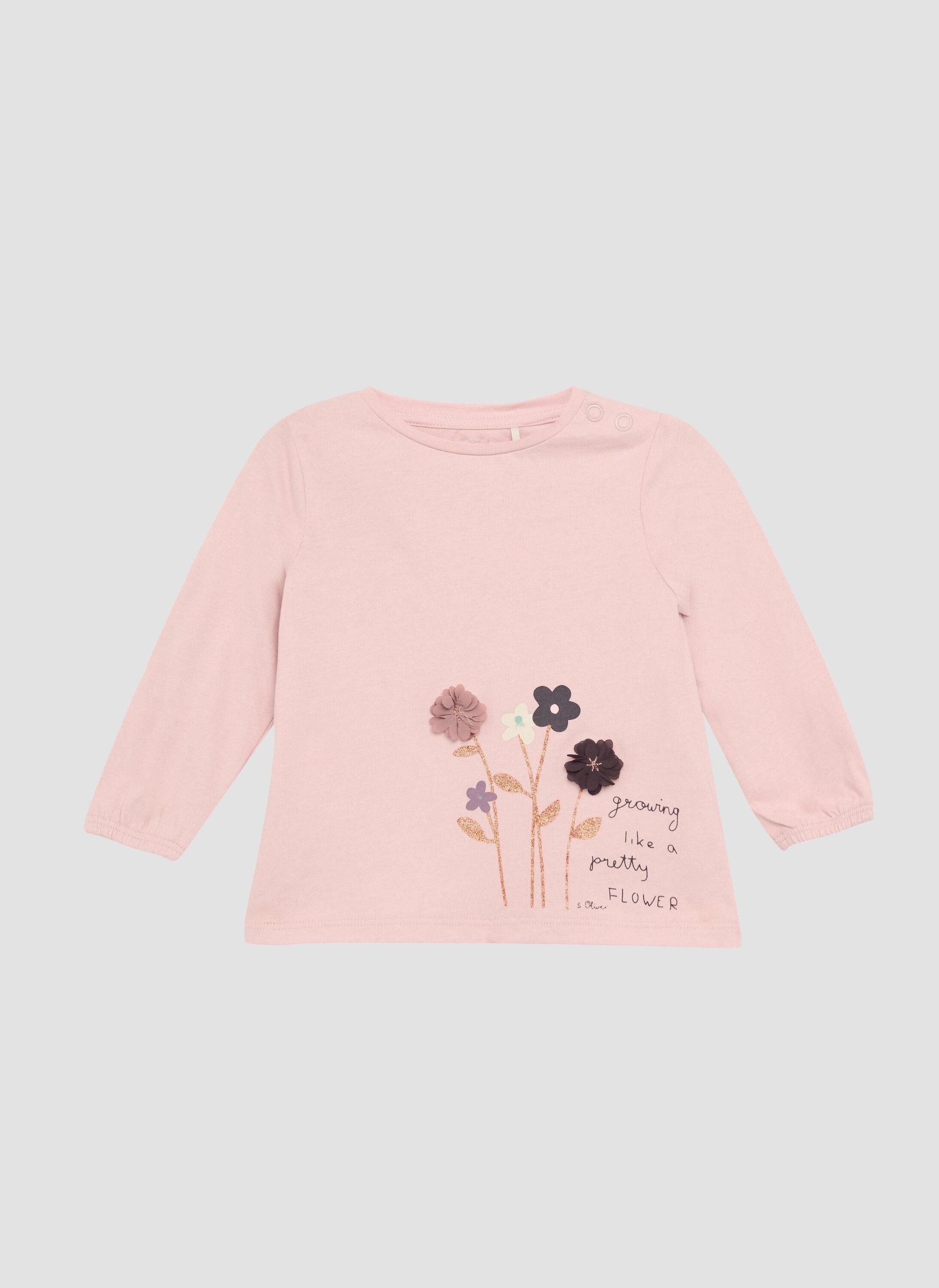 s.Oliver Langarmshirt T-Shirt Baumwollshirt mit Blumen-Applikation und Glitzer-Details