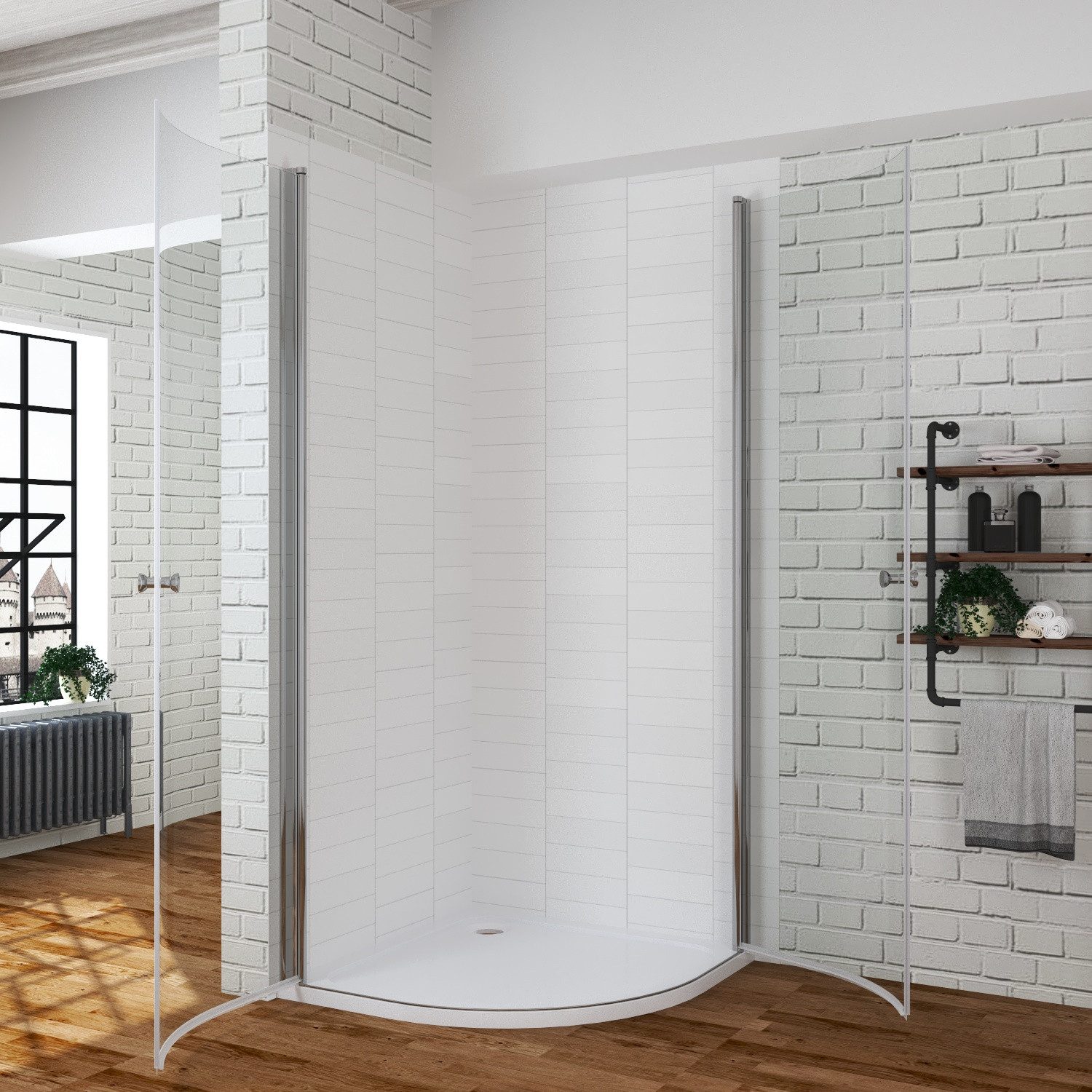 AQUABATOS Eckdusche Duschkabine Viertelkreis Runddusche ohne Duschtasse Duschabtrennung, BxT: 90x90 cm, 6 mm Einscheibensicherheitsglas Klarglas, ebenerdiger Einbau möglich, Montage auf Duschwanne, Rund Dusche mit Pendeltür, Nano,rahmenlos,Spritzschutz,Hebe-Senk-Mechanismus,barrierefrei