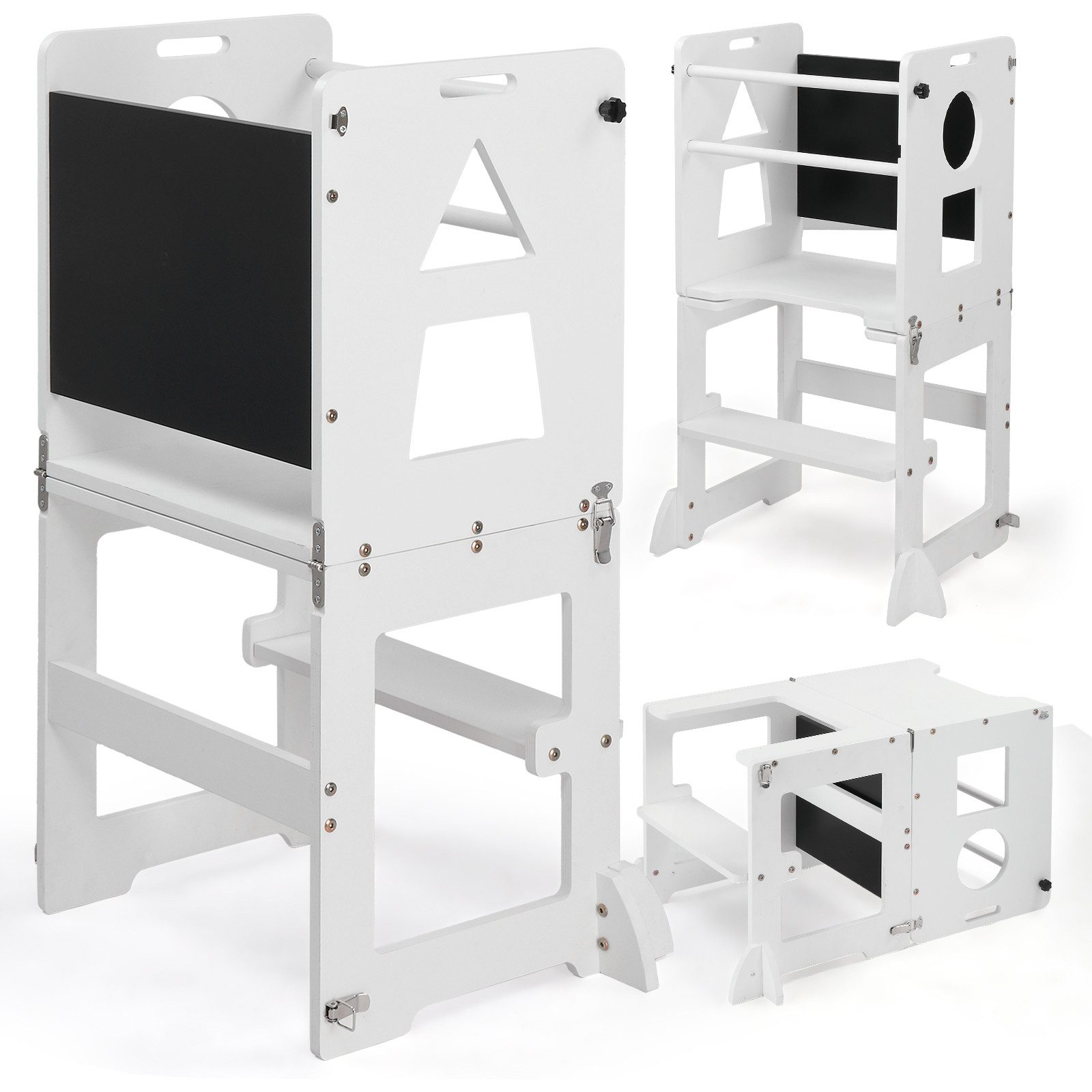 LALAHO Stehhilfe 3-in-1 Stehhilfe Lernturm klappbar, verwandelbar in Schreibtisch&Stuhl, klappbar, mit Maltafel, geometrisches Muster, Kiefernholz + MDF